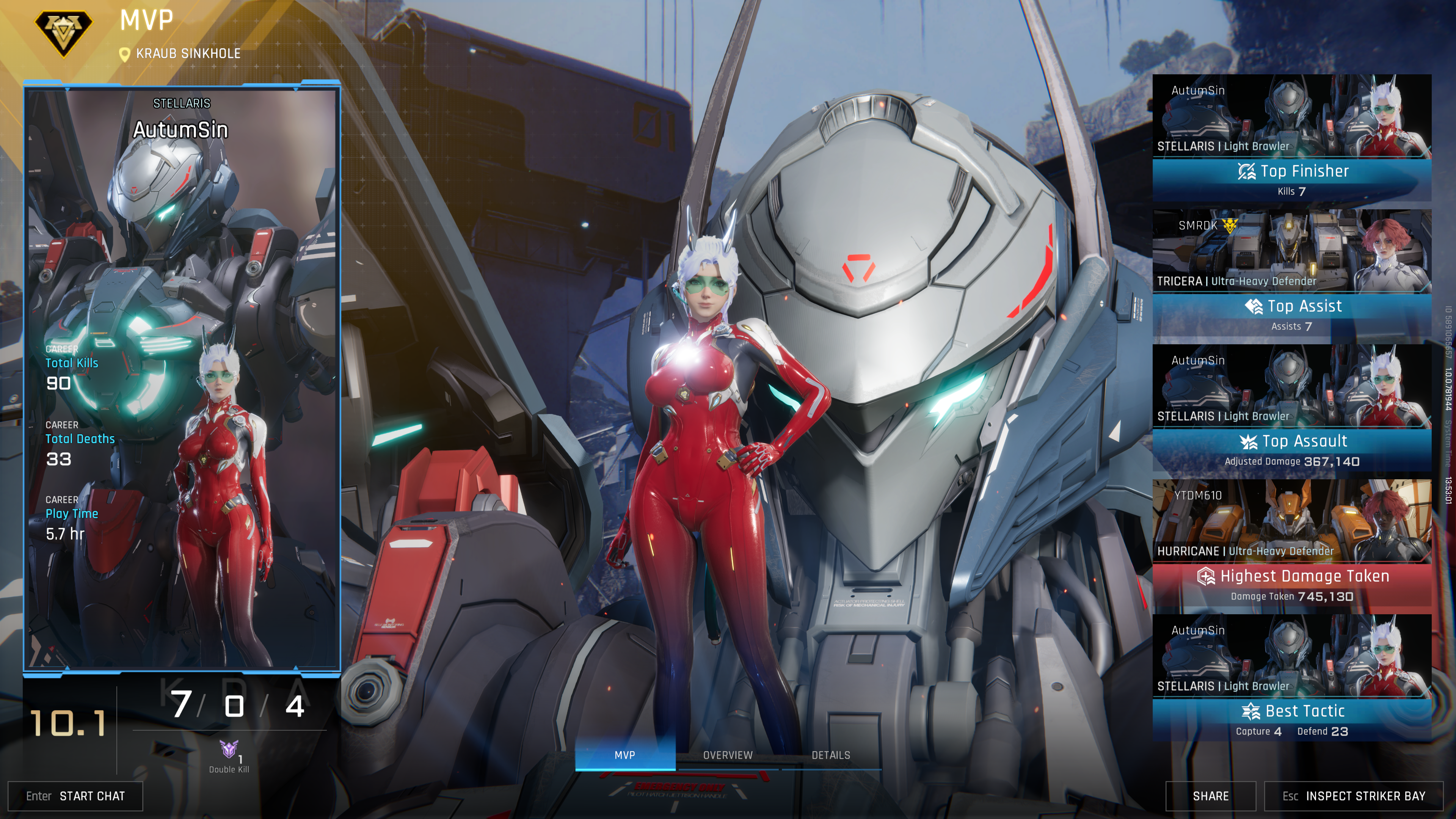 An MVP screen in Mecha Break with a pilot in red and her white mech standing behind her