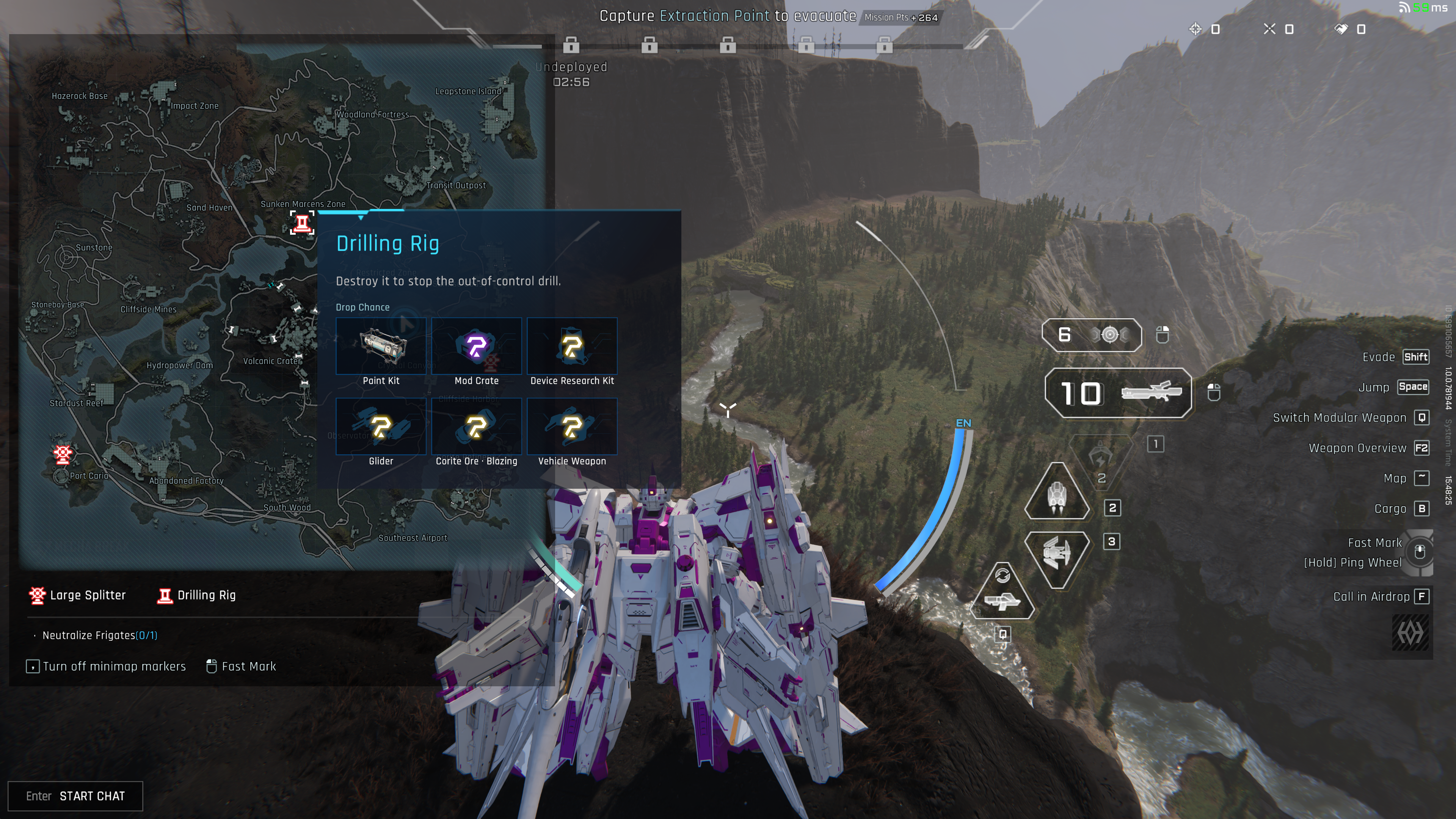 A white mech stands on top of a mountain in Mecha Break and looks at a drilling rig on the map