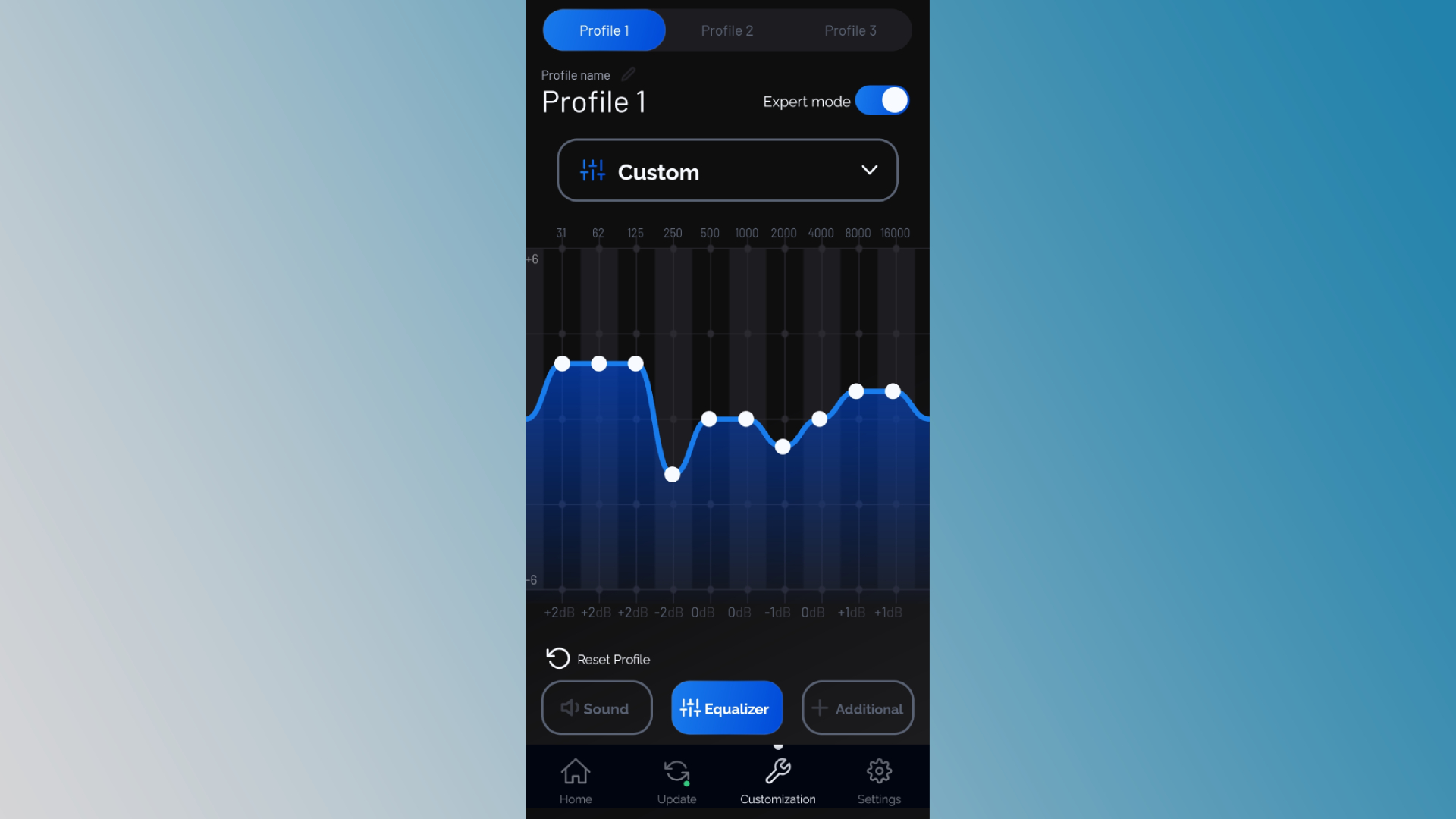 A screenshot of the Nacon Rig app on a blue gradient background
