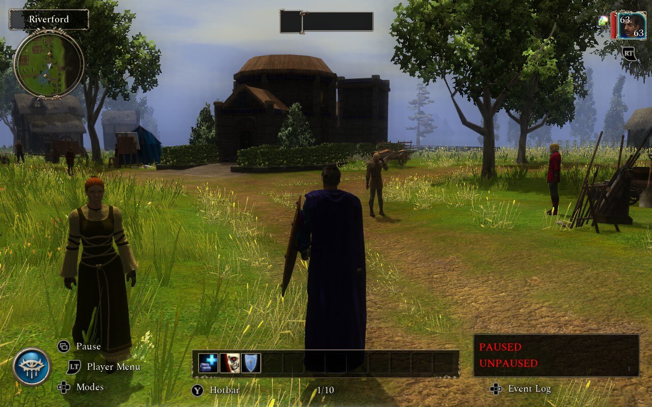 Character with cape in bucolic country town in Neverwinter Nights 2
