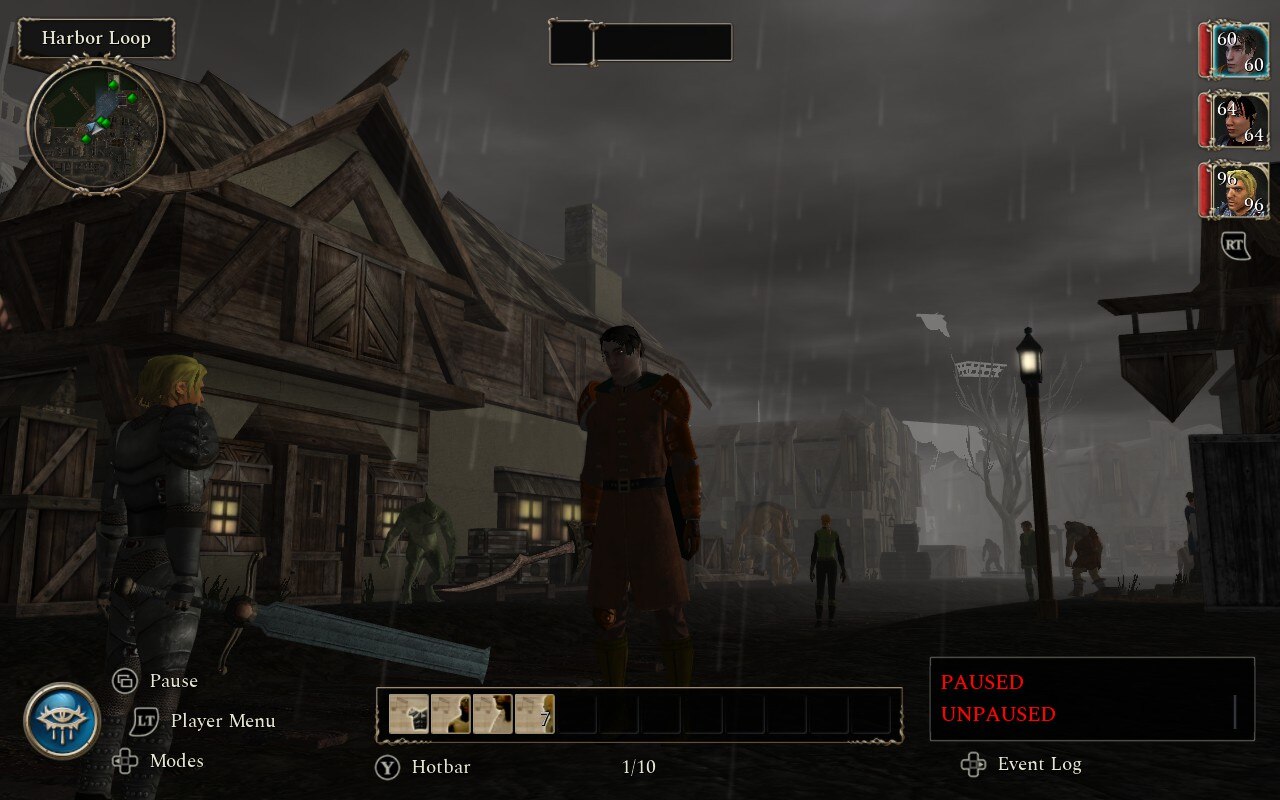 Character in rainy city environment in Neverwinter Nights 2