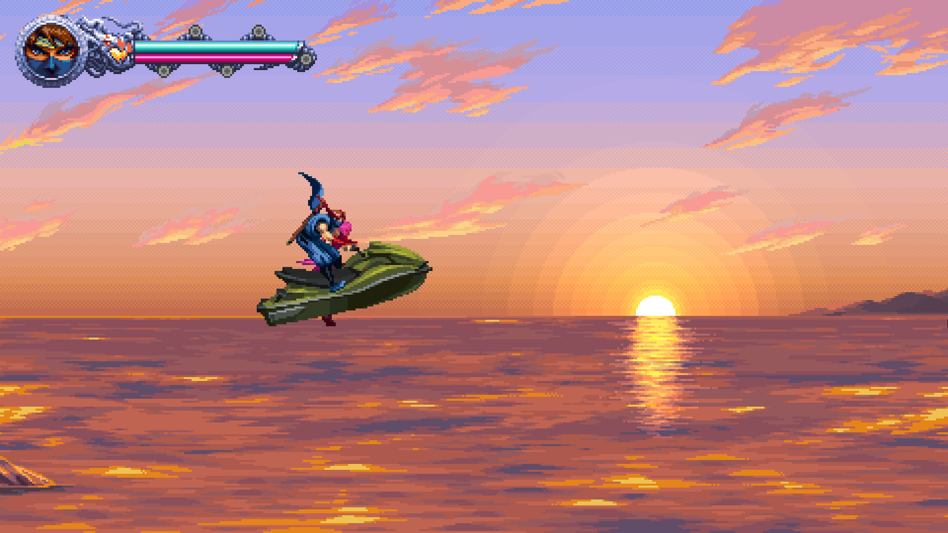 Kenji riding a jetski at sunset in Ninja Gaiden: Ragebound.
