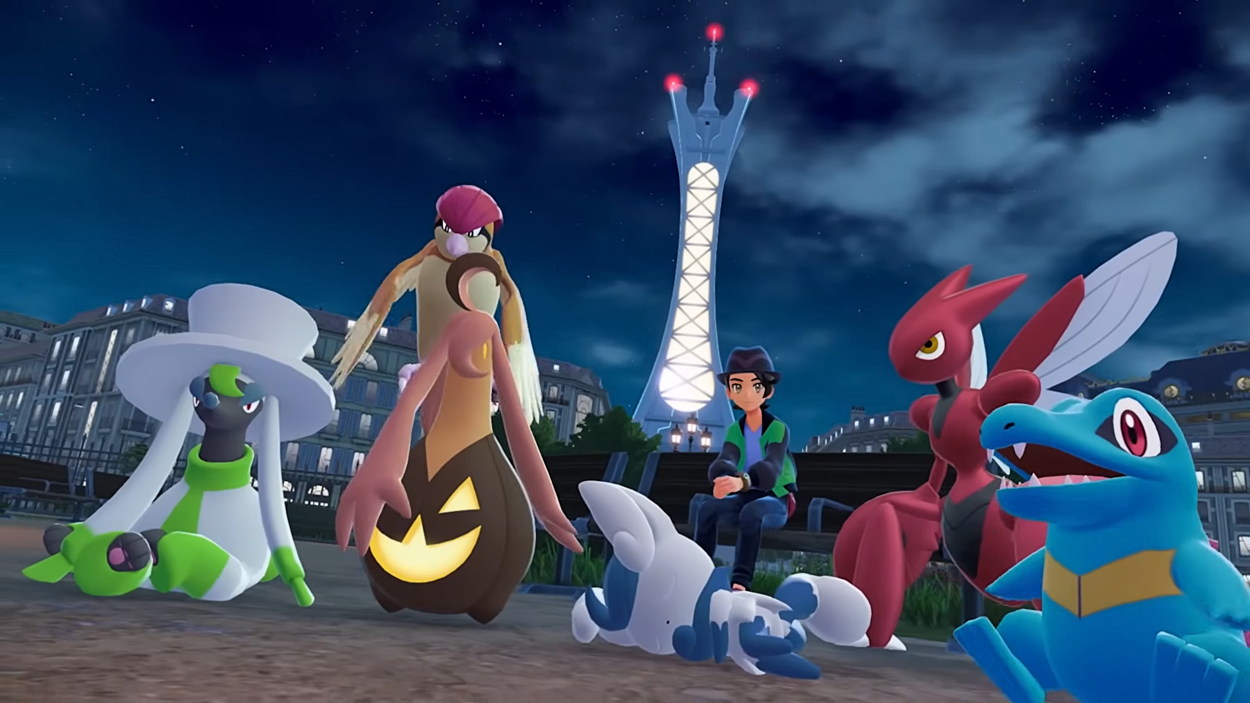 A Pokemon trainer in Legends Z-A sitting on a bench with their Scizor, Furfrou, Totodile, Pidgeot, Gourgeist, and Meowstic A Pokemon trainer in Legends Z-A sitting on a bench with their Scizor, Furfrou, Totodile, Pidgeot, Gourgeist, and Meowstic