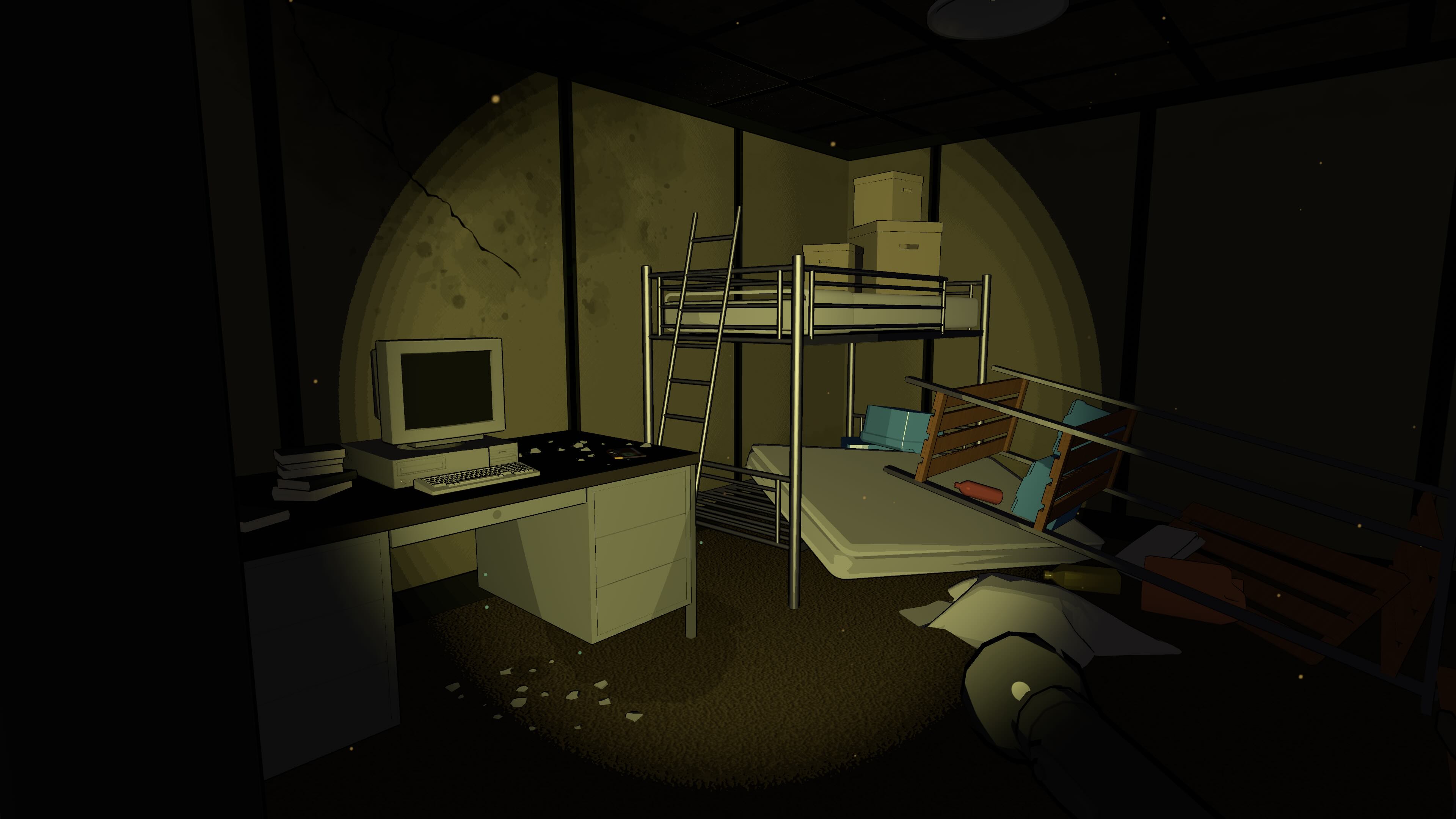 Missile Command Delta player shines a flashlight in a dark room with Cold War era corporate furniture Missile Command Delta player shines a flashlight in a dark room with Cold War era corporate furniture