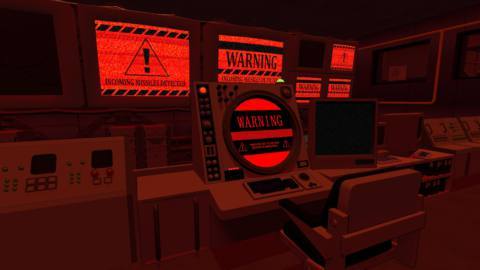 A computer blares with an alarm bathed in red light in key art for Missile Command Delta