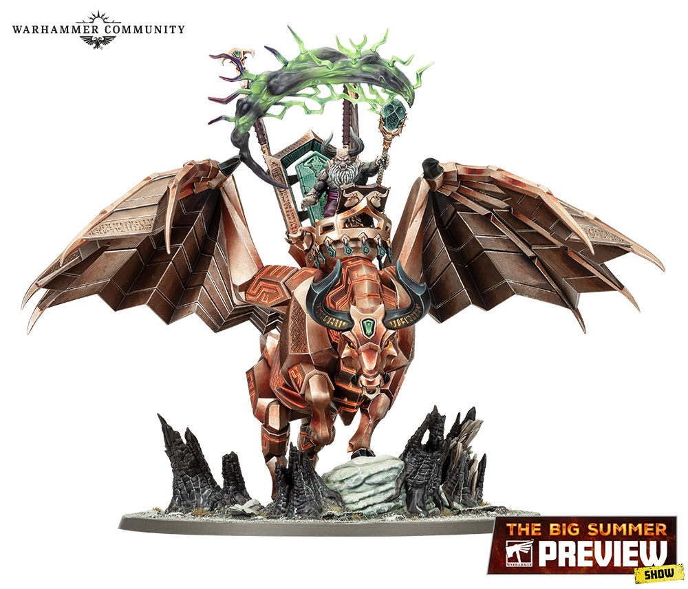 A Warhammer miniature of Urak Tarr, a chaos dwarf hero riding a giant winged bull.