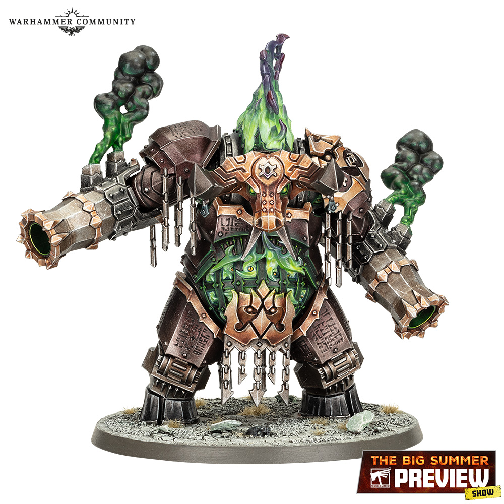 A Warhammer miniature of a Dominator Engine, a giant daemonic robot with a bull's head.