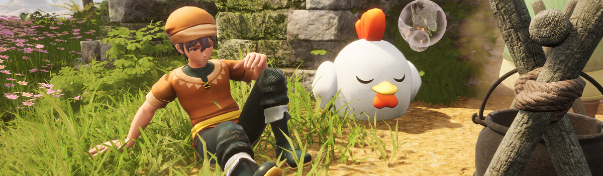 A Palworld trainer relaxing with his Pal, a Chikipi.