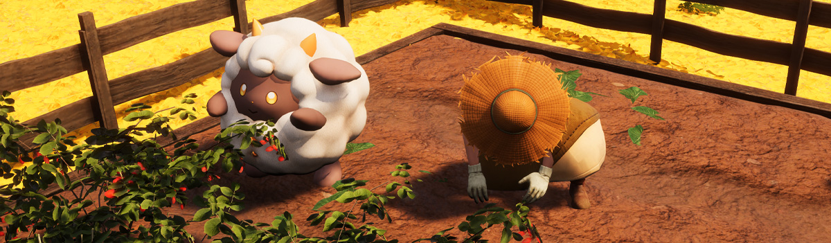 A Lamball and a trainer working in a garden in Palworld.