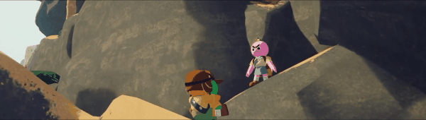 A player in Peak carries a fellow scout, while another pulls them up the mountain.