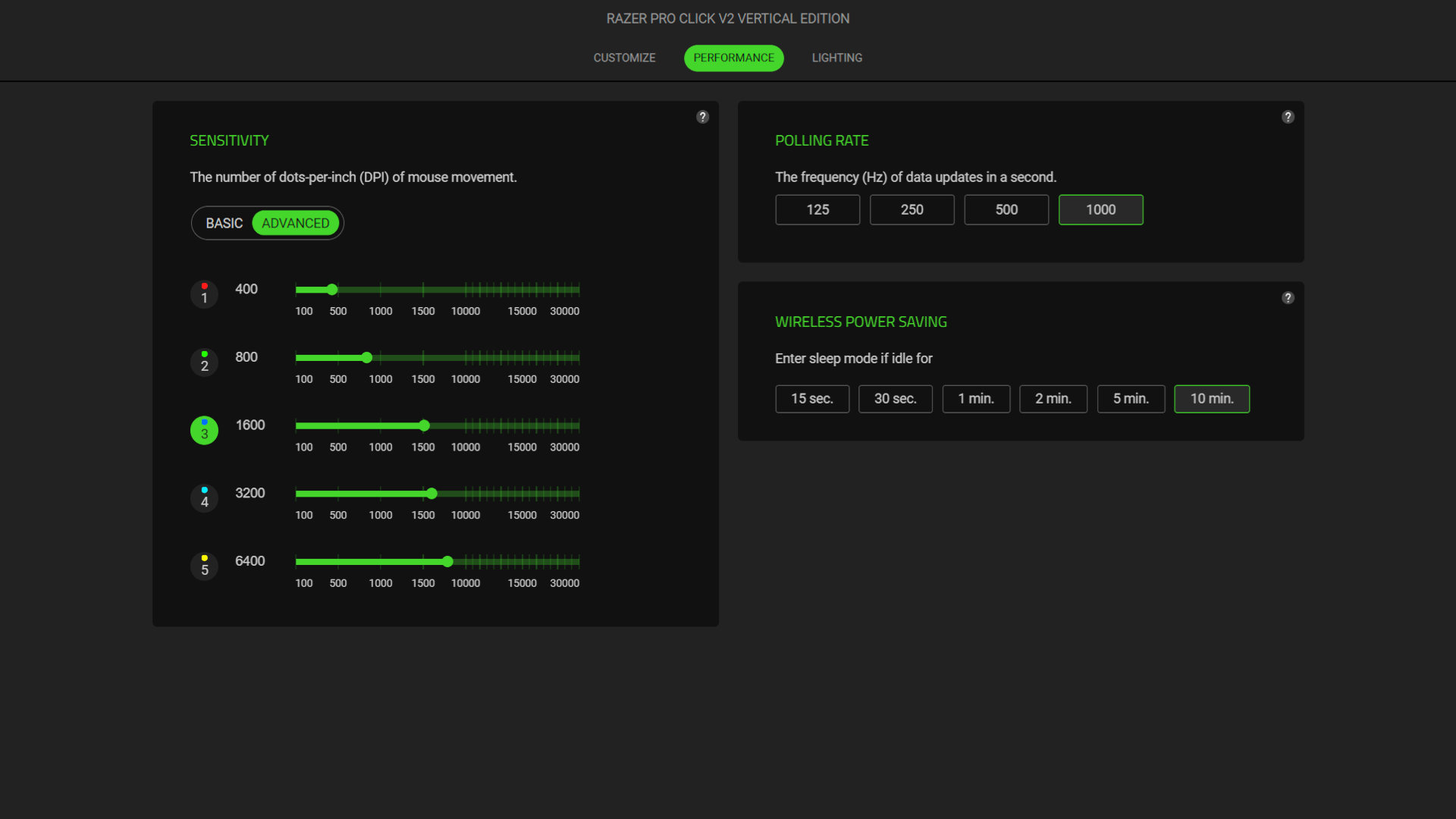 A cropped screenshot of Razer's Synapse application, showing the settings and options for its Pro Click V2 Vertical Edition wireless ergonomic mouse.