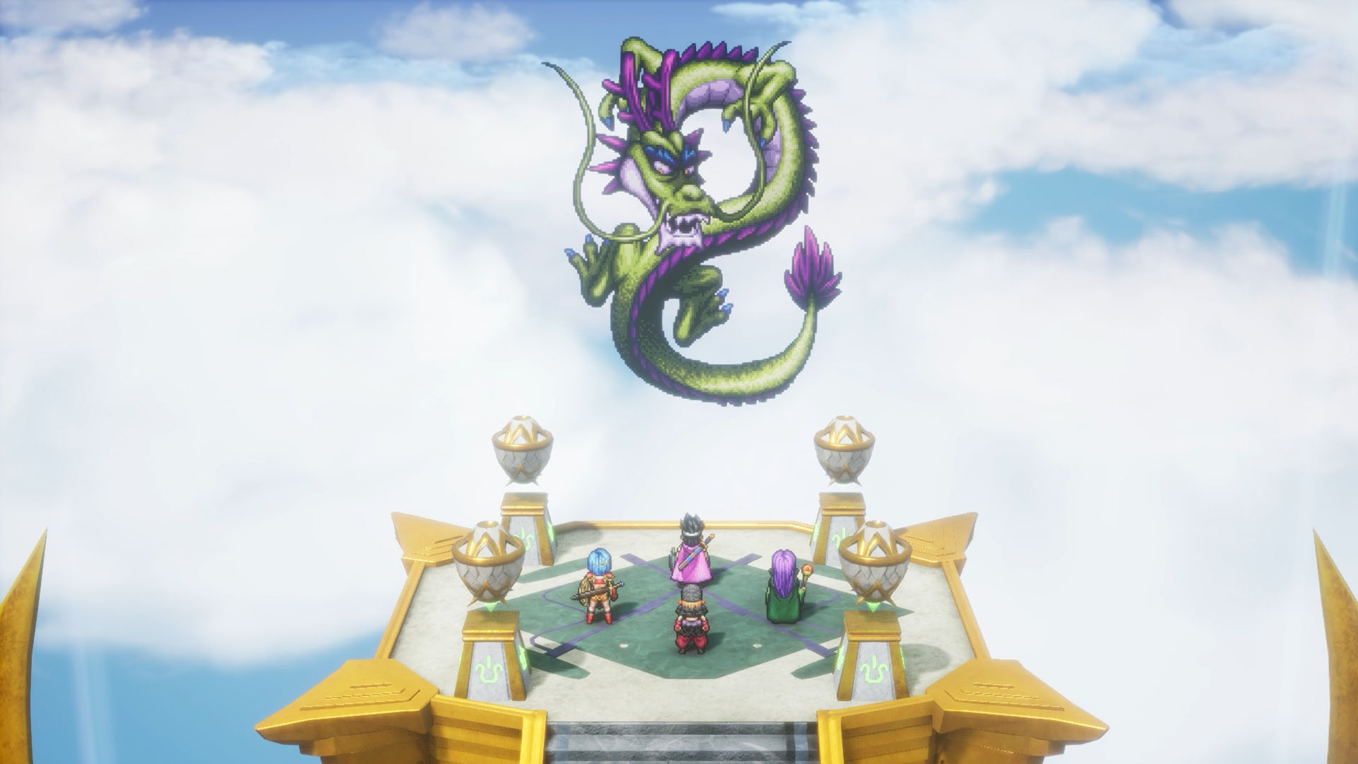 A Dragon Quest 3 HD-2D remake screenshot showing the four main characters talking to a dragon.