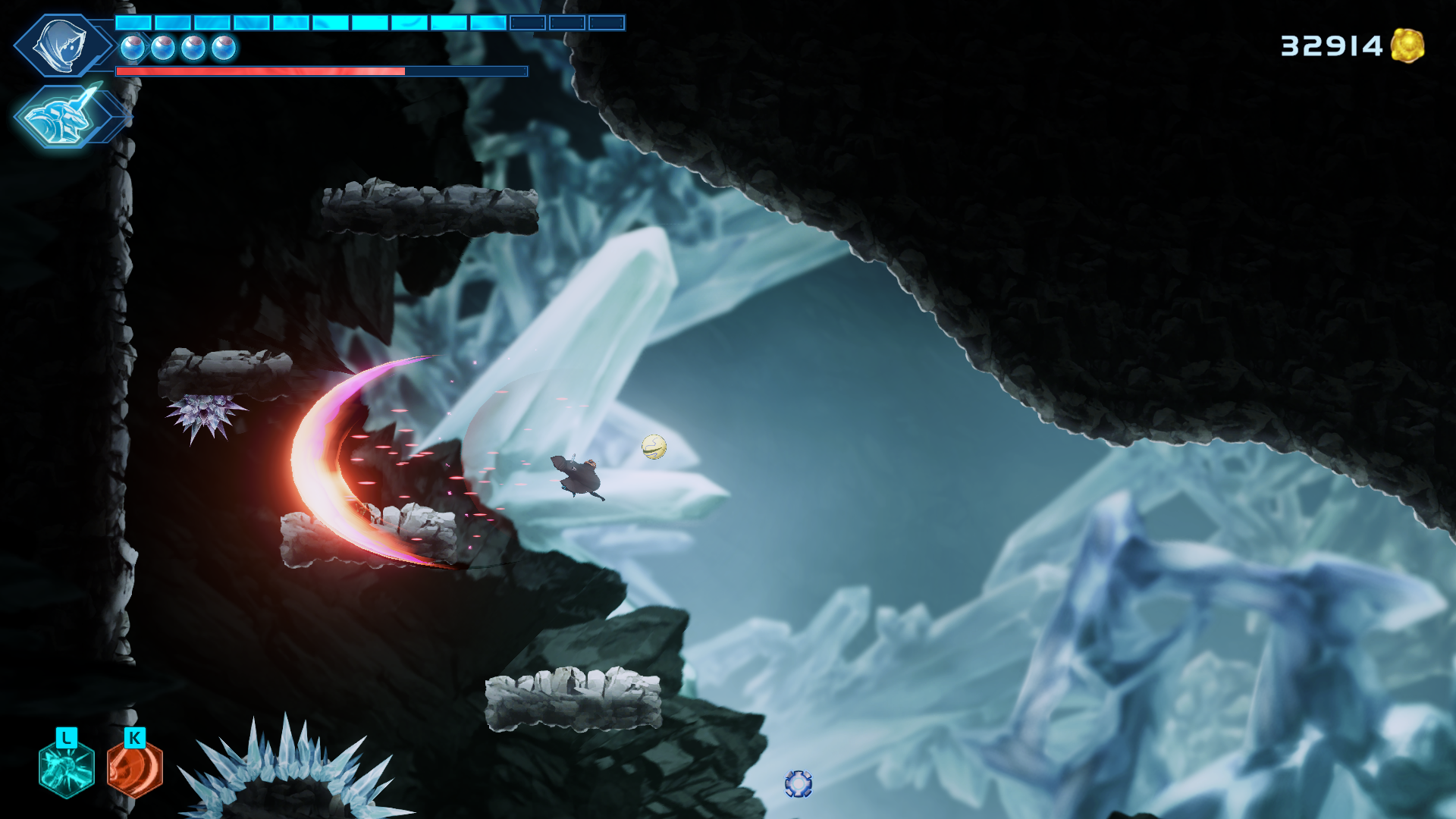 Jumping up through a crystal cave in Shadow Labyrinth.