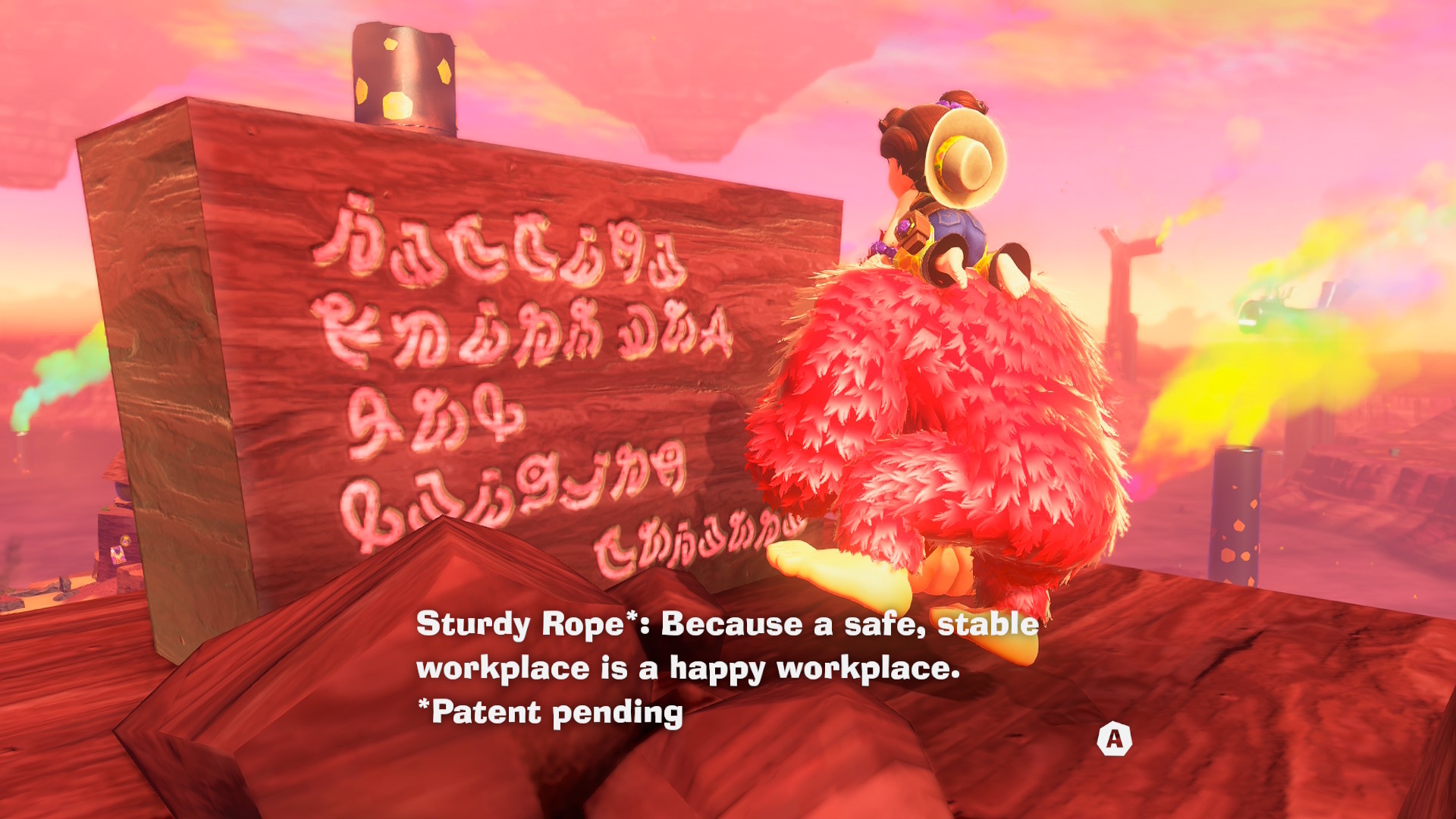 DK in Donkey Kong Bananza reading a stone slab. The text says: “Sturdy Rope: Because a safe, stable workplace is a happy workplace. Patent pending”