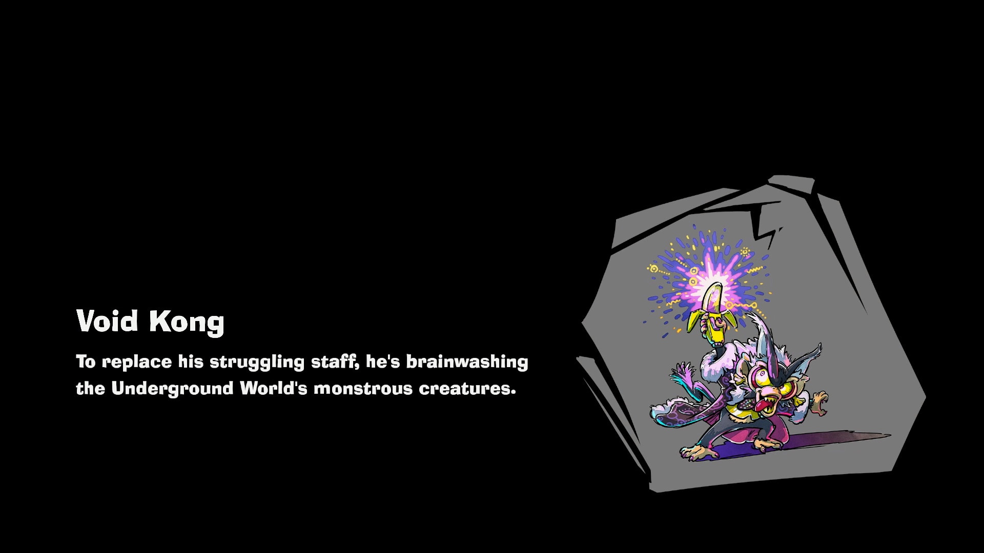 A load screen depicting Void Kong in Donkey Kong Bananza. The text reads: “To replace his struggling staff, he’s brainwashing the underground world’s monstrous creatures.”