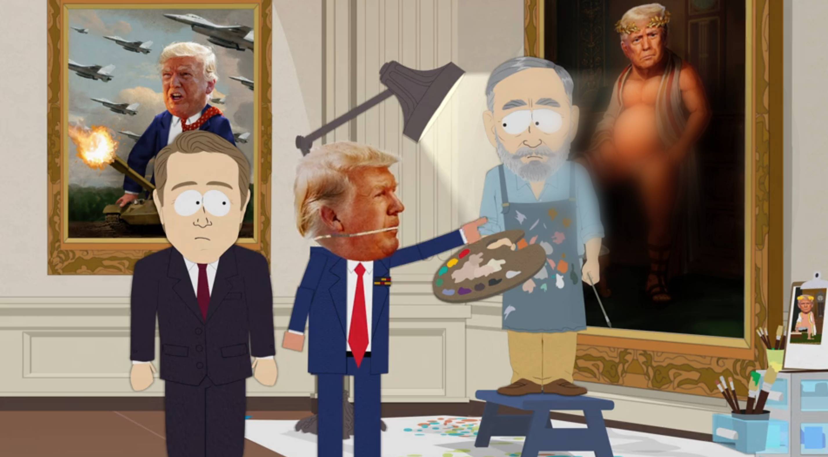 Trump shouts at an artist painting an unflattering painting of him in South Park Trump shouts at an artist painting an unflattering painting of him in South Park