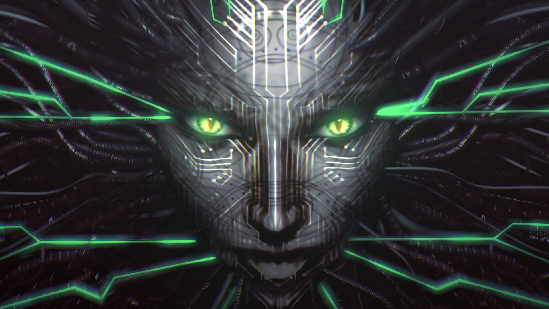 Close up of Shodan, antagonist of System Shock 2. Feminine face with circuitry spreading over it and out into wires surrounding.