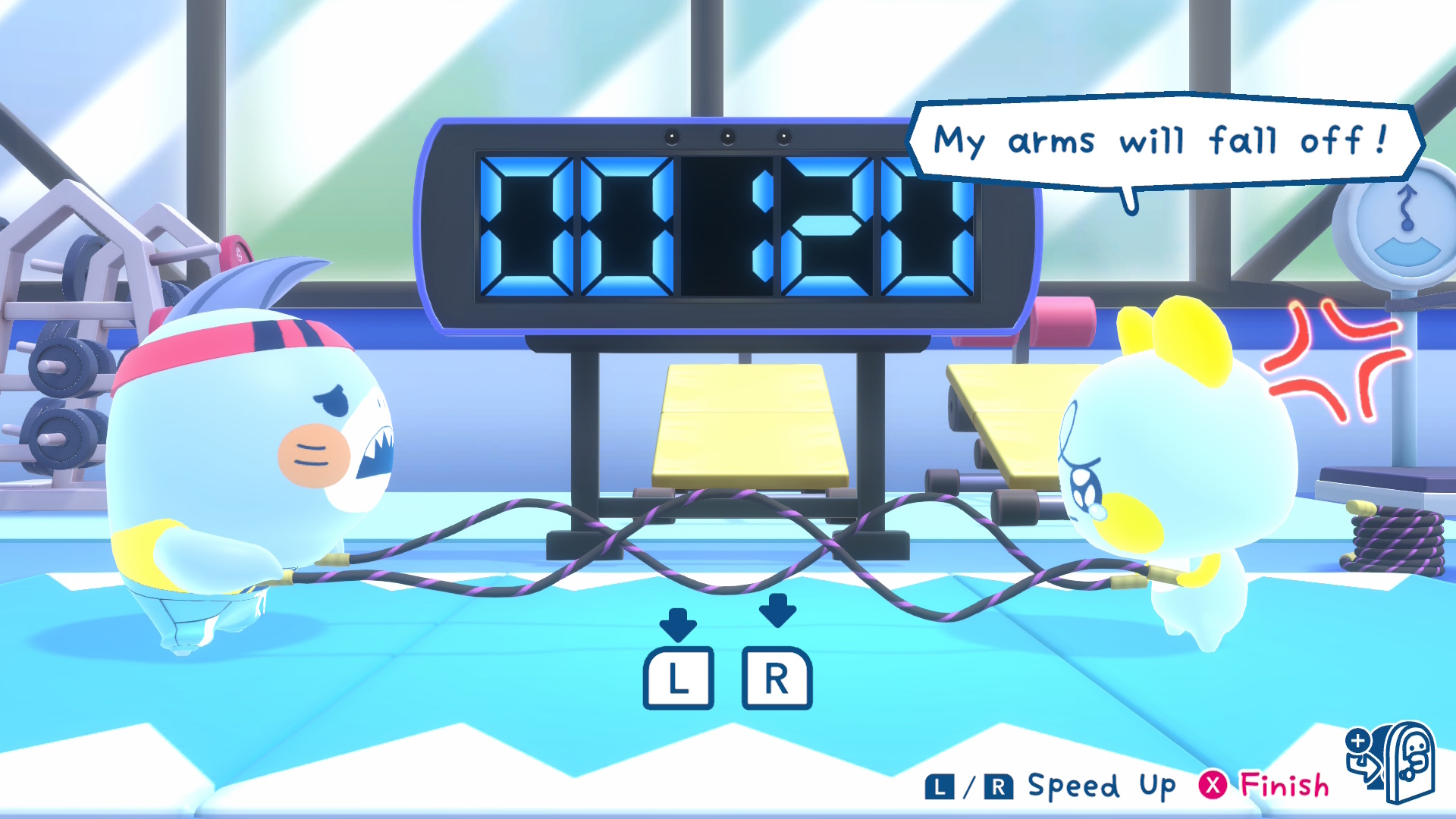 A strength training minigame in Tamagotchi Plaza A strength training minigame in Tamagotchi Plaza