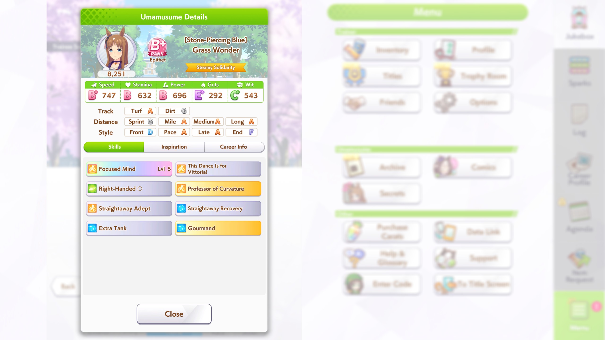 Umamusume: Pretty Derby build strategies showcasing the final stats of a horse girl who has just finished the URA Finale Finals.