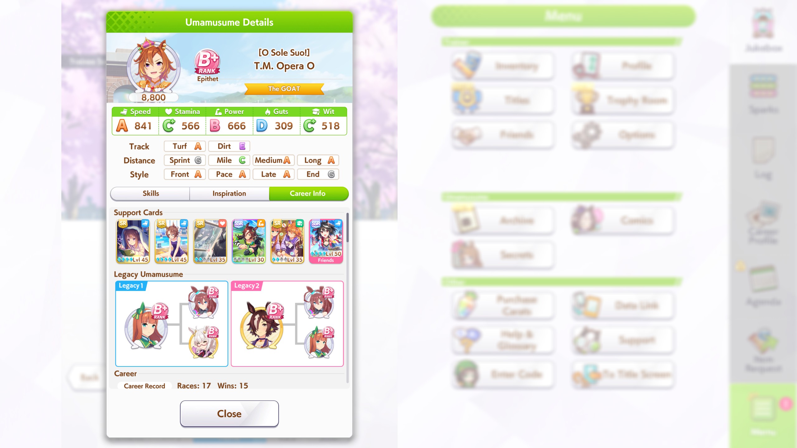 Umamusume: Pretty Derby build strategies showcasing the final stats of a horse girl who has just finished the URA Finale Finals.