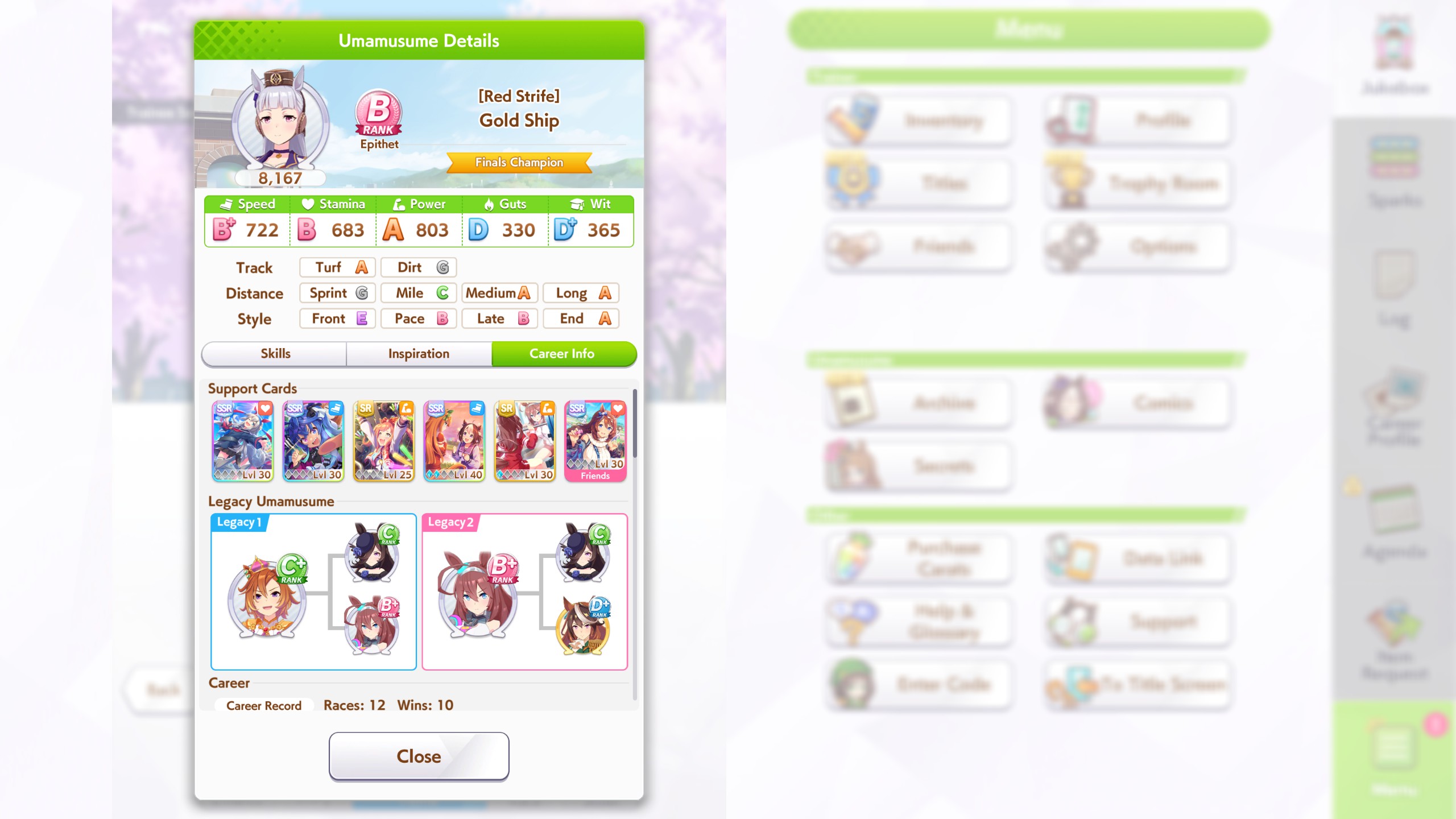 Umamusume: Pretty Derby build strategies showcasing the final stats of a horse girl who has just finished the URA Finale Finals.