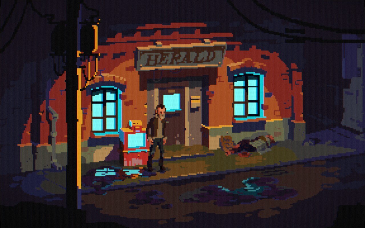A screenshot of The Drifter, showing the protagonist in a grimy urban environment