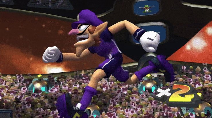 Waluigi gives the crotch chop in Super Mario Strikers