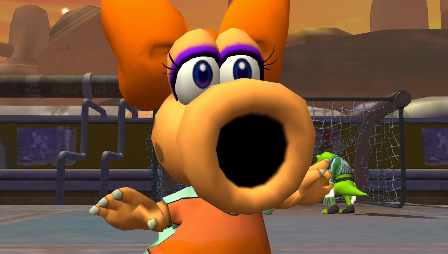 Birdo soaks up the applause after a goal in Super Mario Strikers