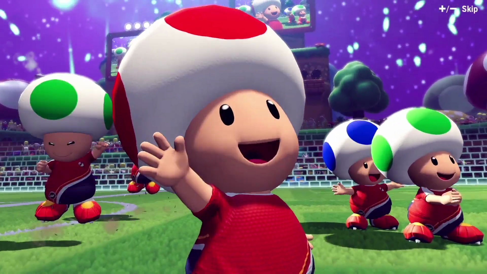 Toad and his Toad team celebrating after a goal in Mario Strikers: Battle League