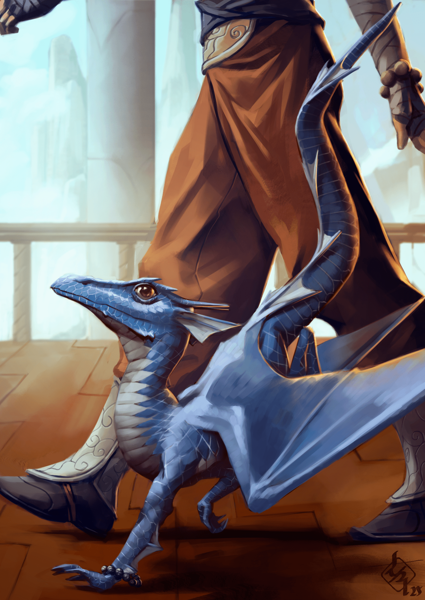 A small blue dragon walks next to a person in art from the D&D Pets & Sidekicks supplement