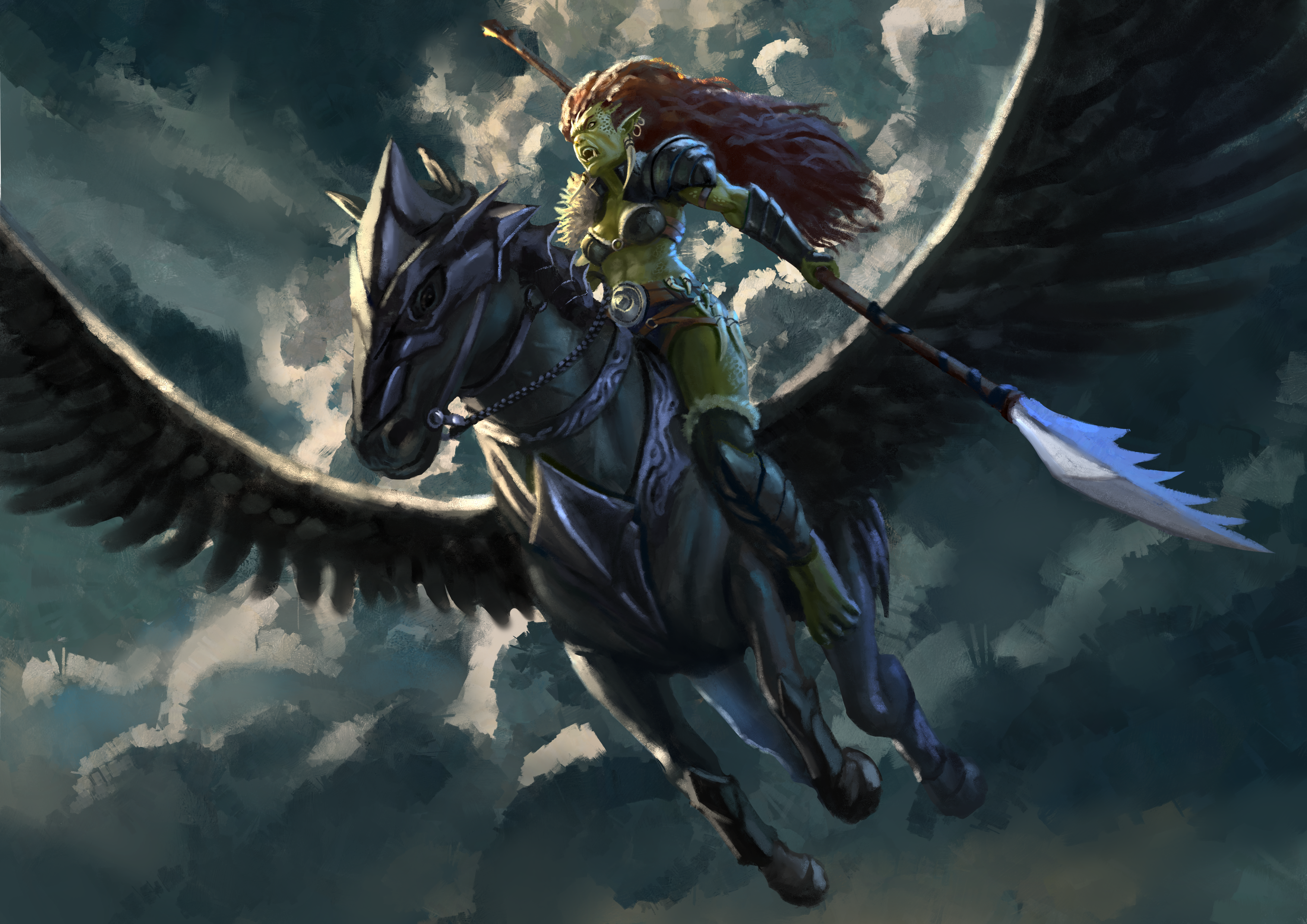 A gith holding a jagged halberd rides an armored black pegasus through cloudy skies in Pets & Sidekicks