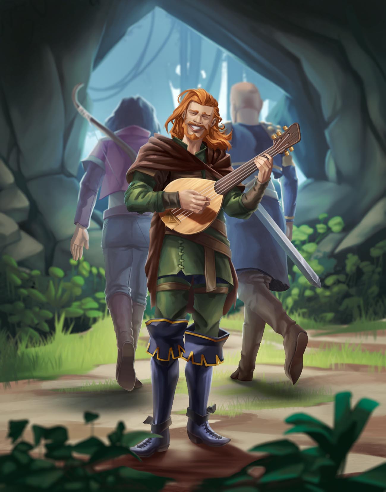 A bearded, long-haired bard strums on a lute and smiles, while behind him, an archer and a person with a sword walk into a cave in art from Pets & Sidekicks.