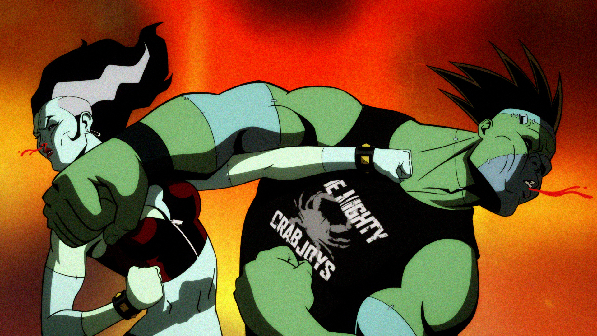The Bride and Frankenstein in the animated DCU series Creature Commandos level mighty haymakers at each other, punching and being punched simultaneously. They’re wearing ‘90s punk rock clothing. The Bride and Frankenstein in the animated DCU series Creature Commandos level mighty haymakers at each other, punching and being punched simultaneously. They’re wearing ‘90s punk rock clothing.