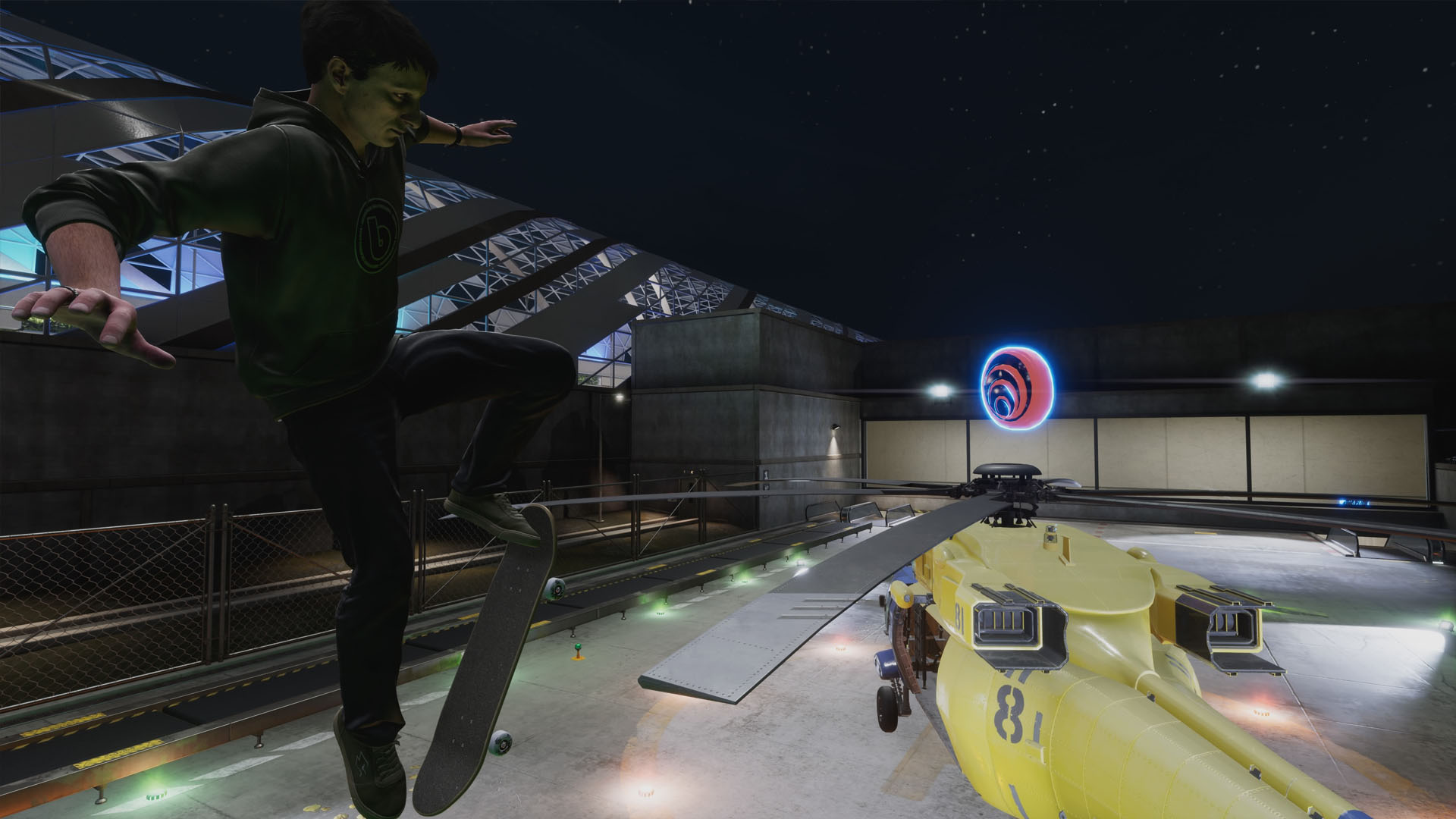 A Tony Hawk's Pro Skater 3+4 screenshot showing a character jumping over a helicopter.