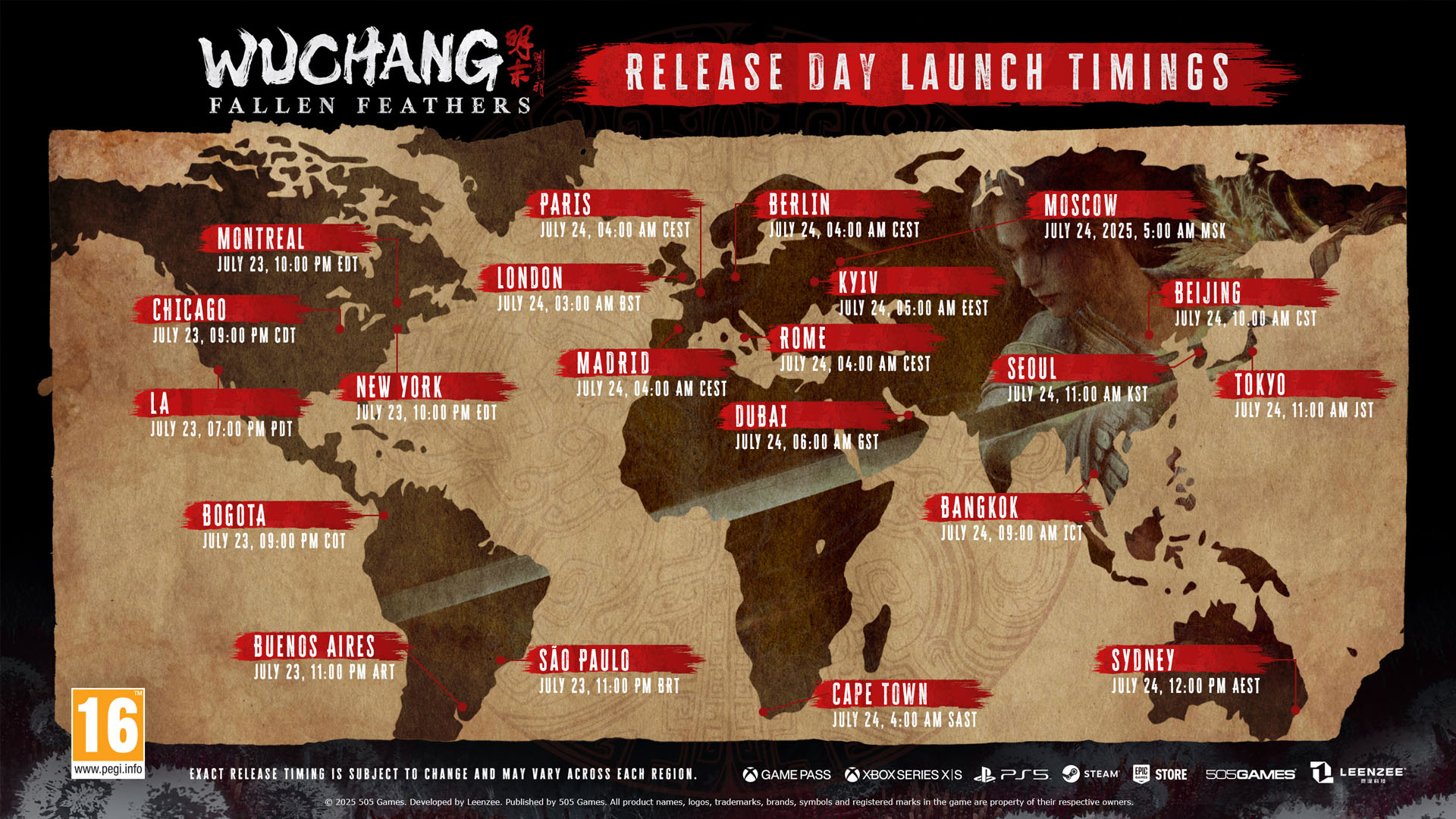 A map showing the release time of Wuchang: Fallen Feathers in different countries.