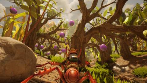 Willow from Grounded 2, riding an ant buggy and looking at a forest of blueberries