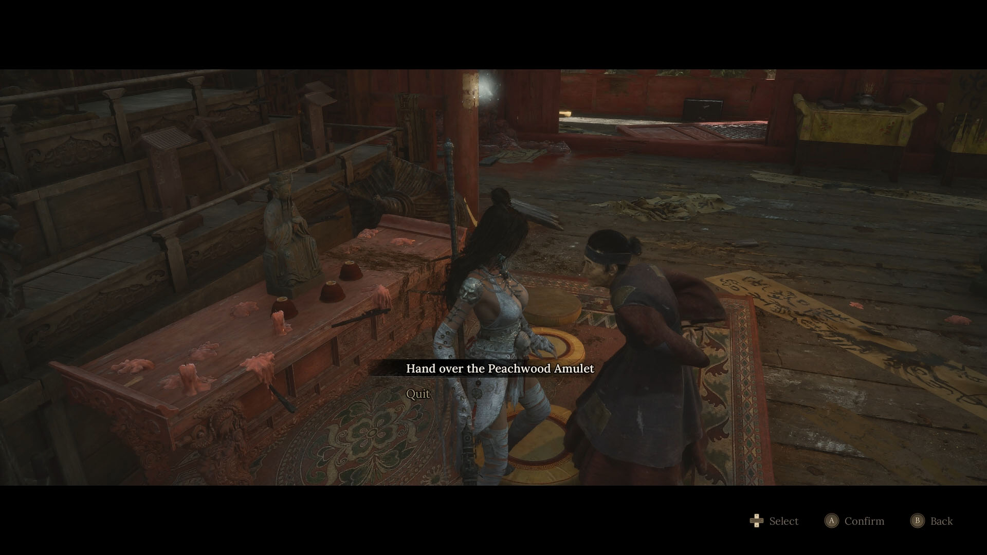 A Wuchang: Fallen Feathers screenshot showing the main character interacting with Qiao Ying, an old woman to whom you can deliver an item aclled Peachwood Amulet.