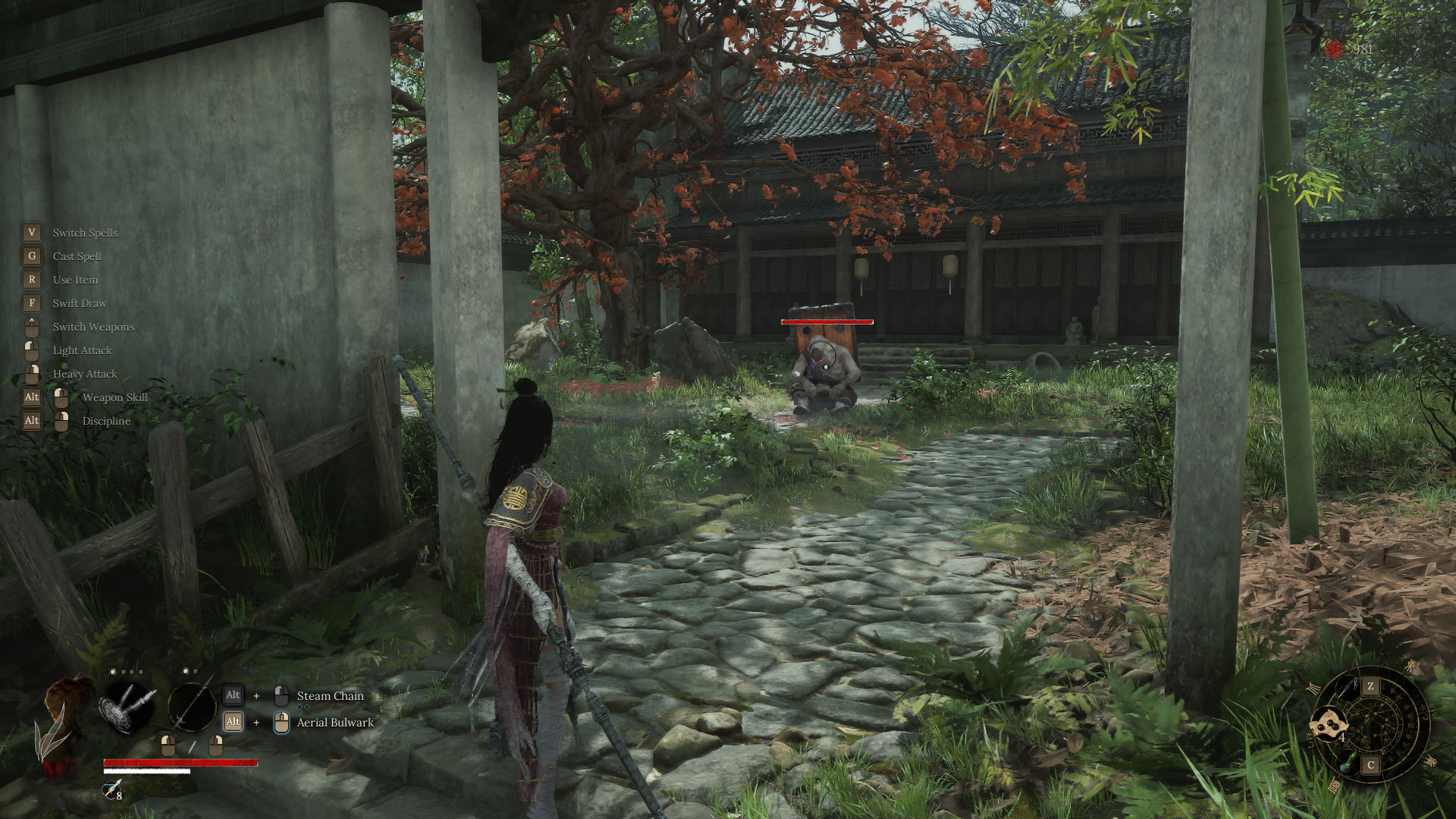 A Wuchang: Fallen Feathers screenshot showing the main character looking at an enemy, who’s sitting in front of a house. They have two pieces of wood behind them. 