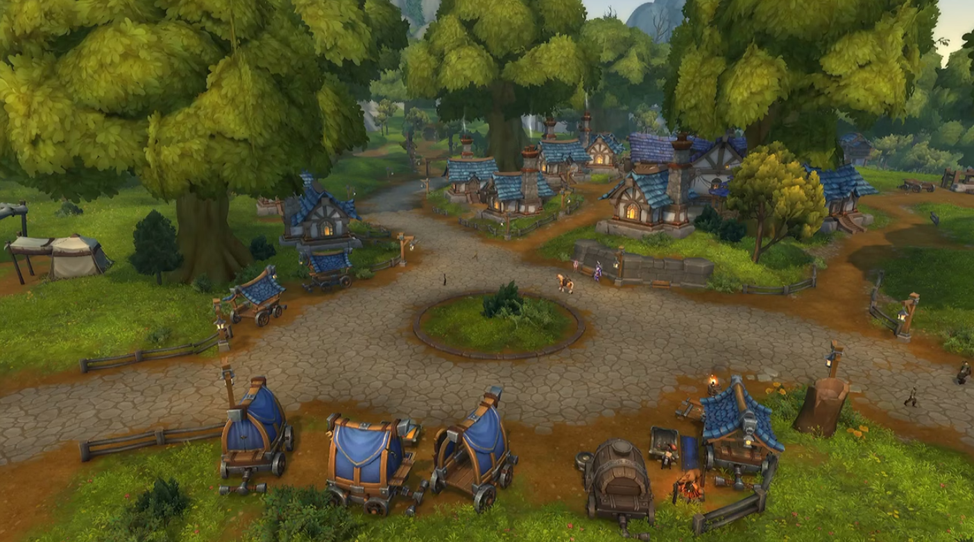 An image showing a before/after of an endeavour in a World of Warcraft player housing neighbourhood; a plaza that is either lush and green, or overtaken with roots and ominous trees.