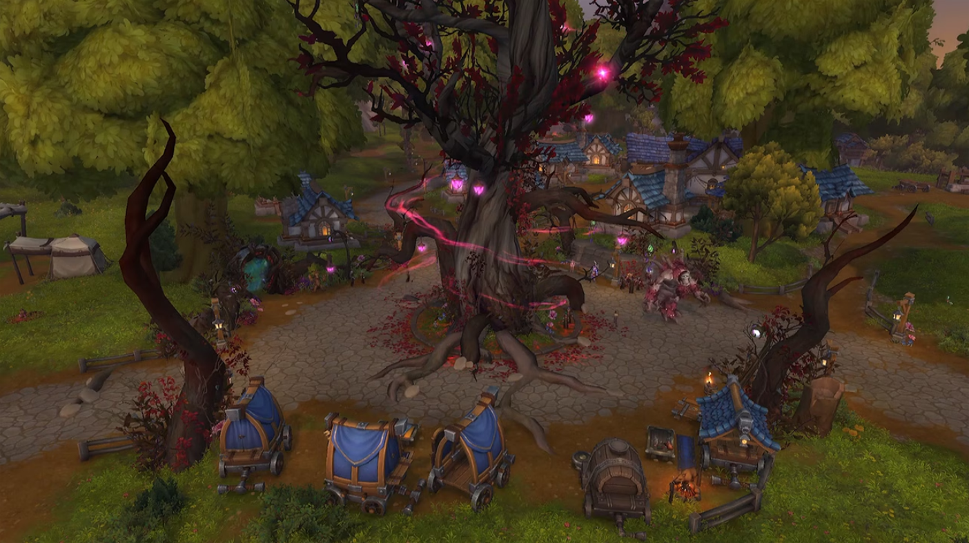 An image showing a before/after of an endeavour in a World of Warcraft player housing neighbourhood; a plaza that is either lush and green, or overtaken with roots and ominous trees.