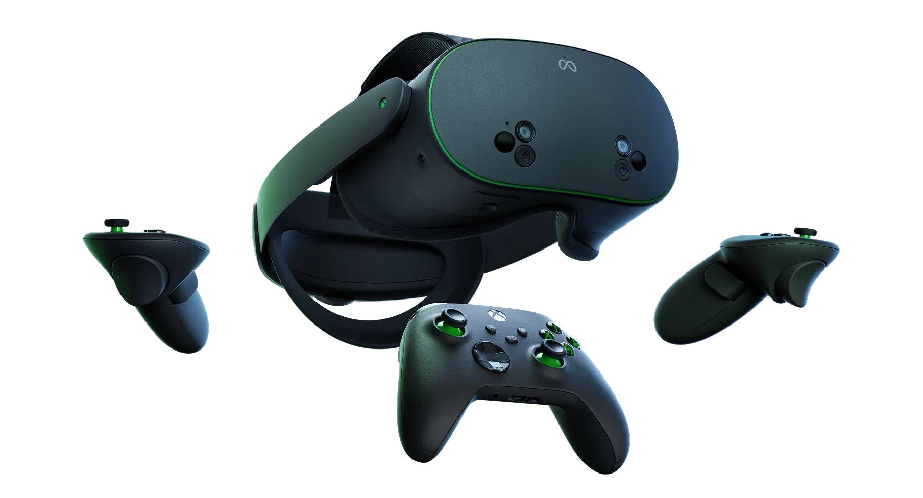 Xbox controllers and Meta Quest 3 Xbox Edition against a white background