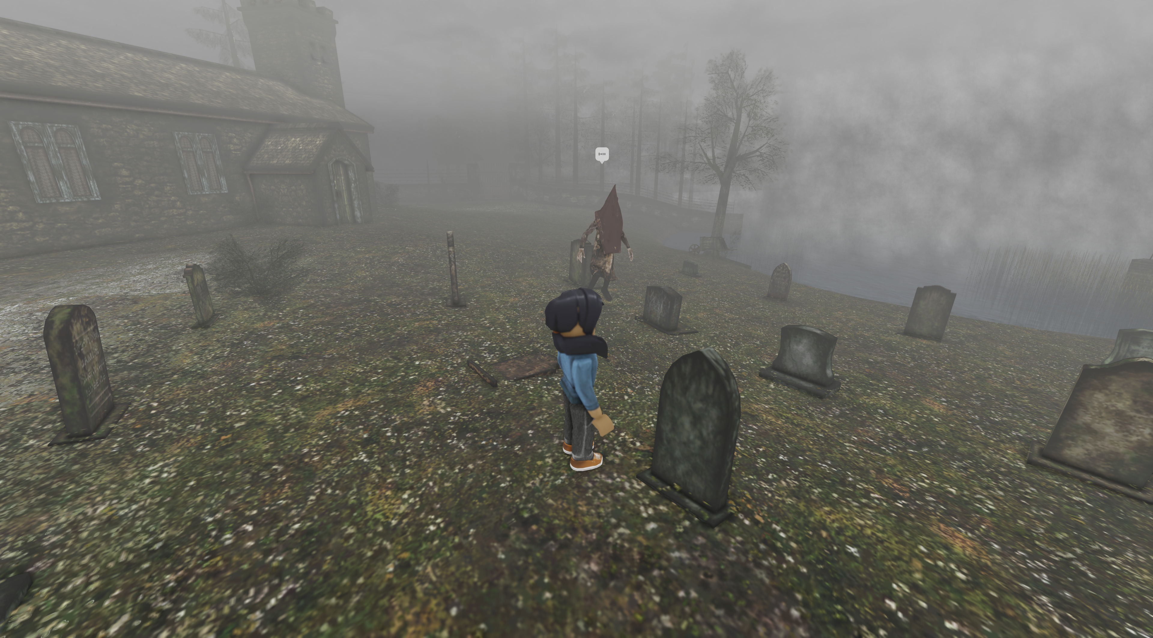 A Roblox character standing in a graveyard next to another player dressed up as Pyramid Head from Silent Hill 2.