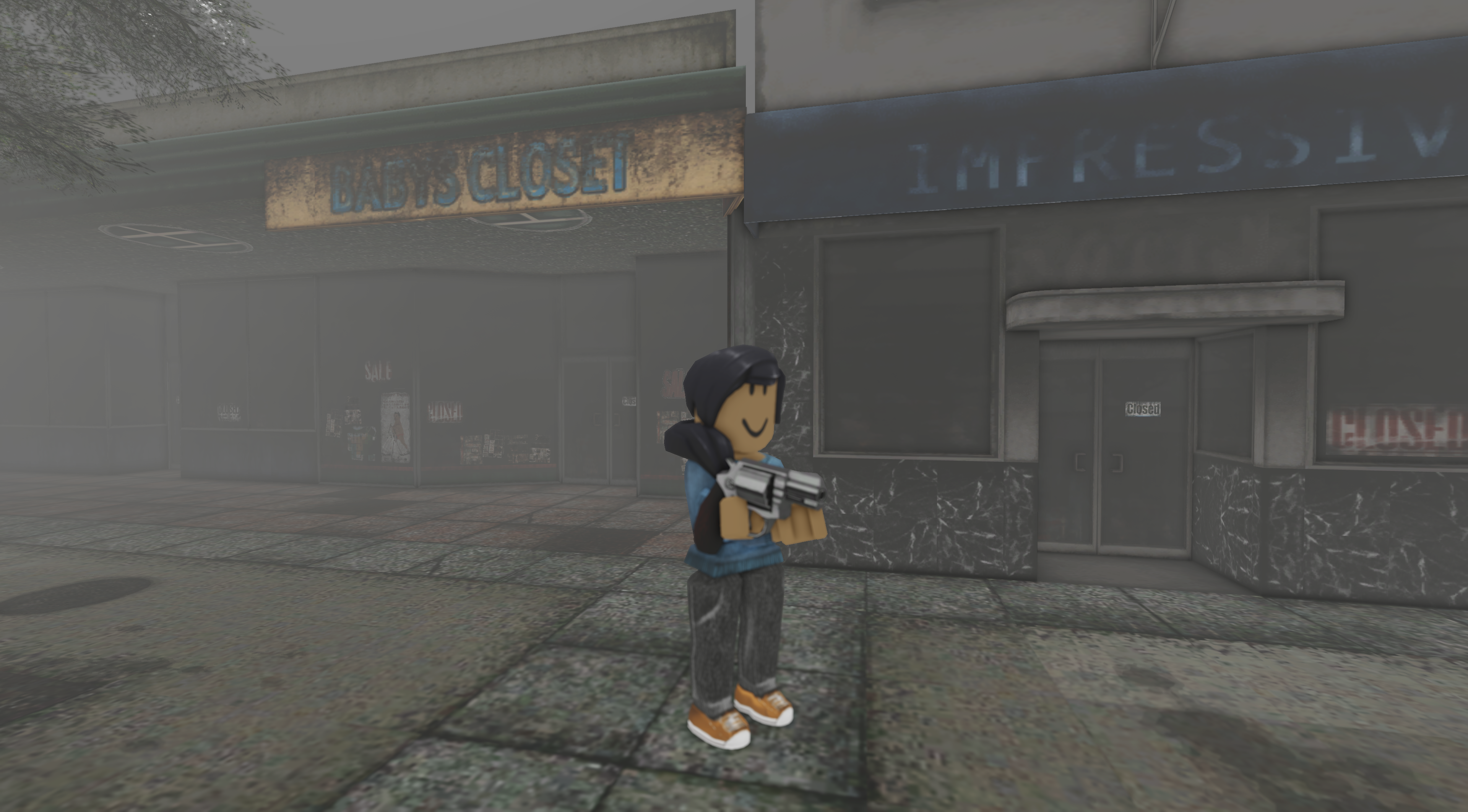 A Roblox character holding a gun while standing outside two storefronts in a Silent Hill 2 experience