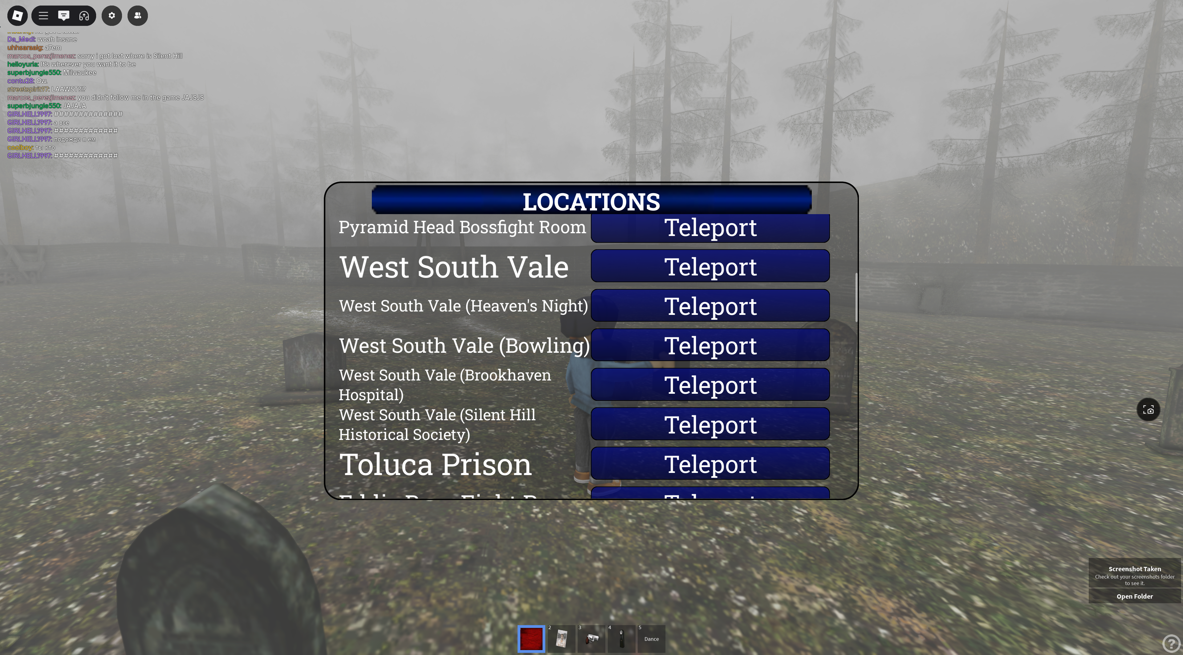 A Roblox menu with several Silent Hill 2 locations and the option to teleport to them.