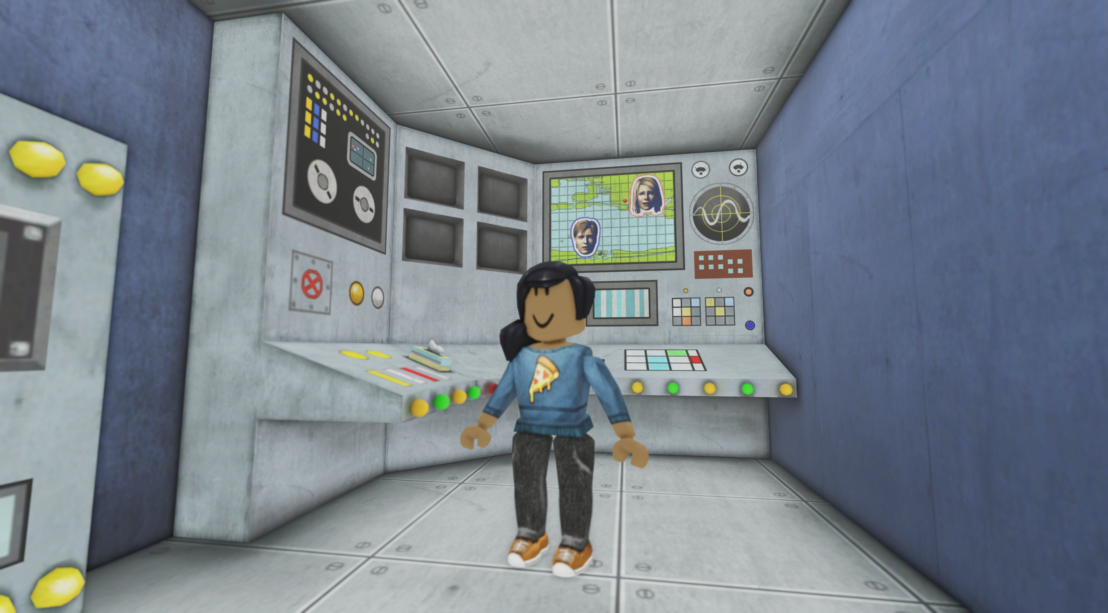 A Roblox character wearing a blue pizza shirt and jeans stands in a bright control room from Silent Hill 2