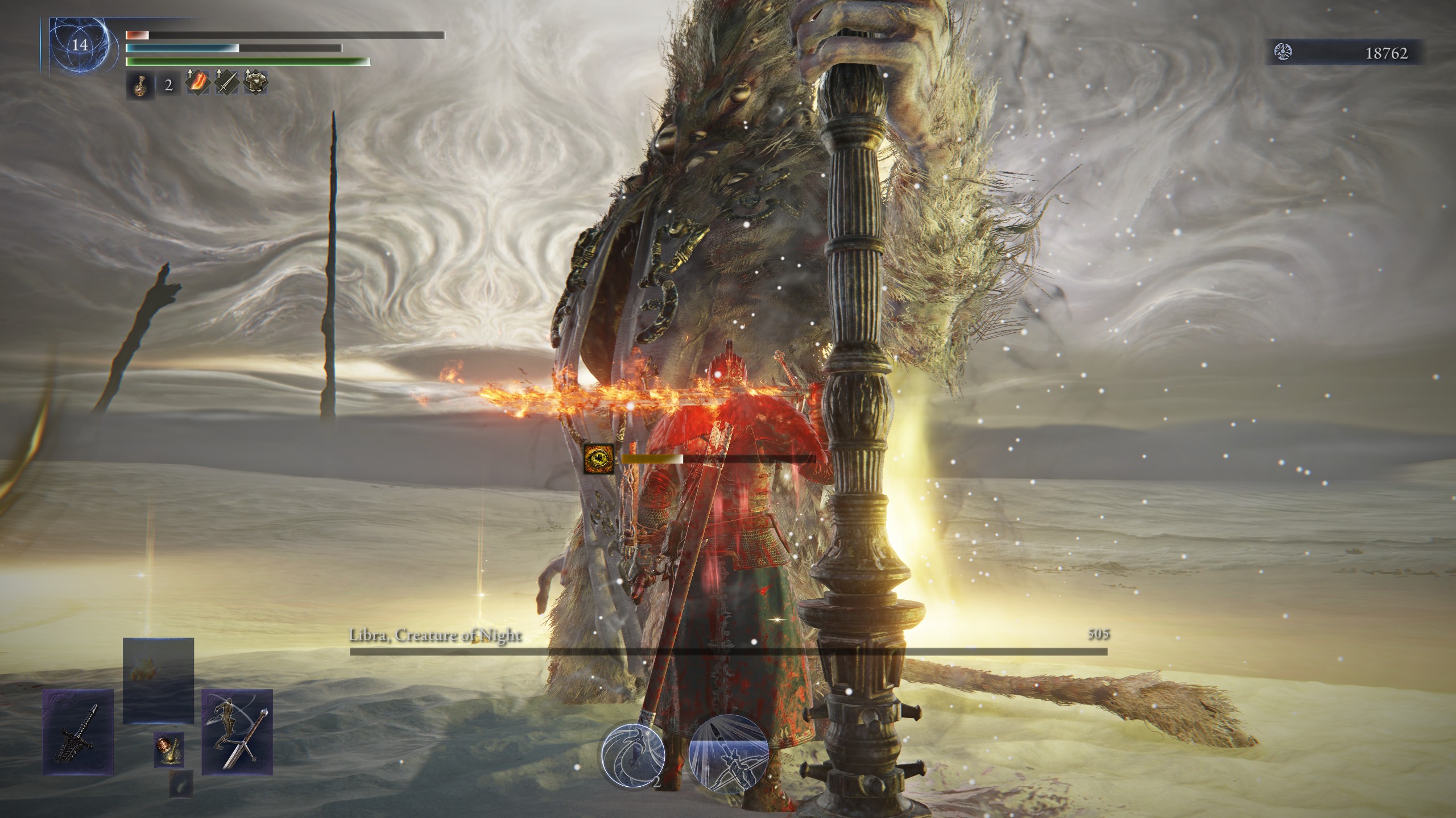 Wylder standing with little health remaining having defeated Libra