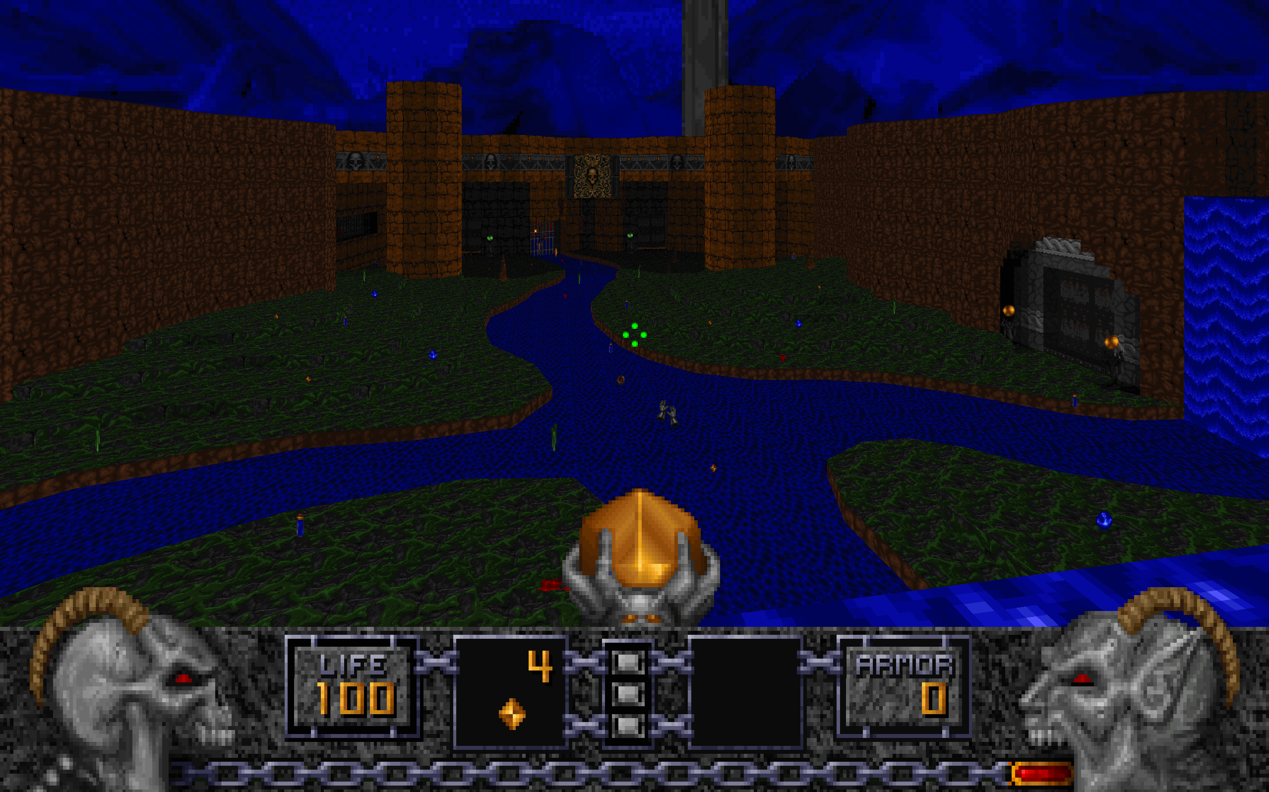 Screenshots from Heretic showing its various true-to-life outdoor environments