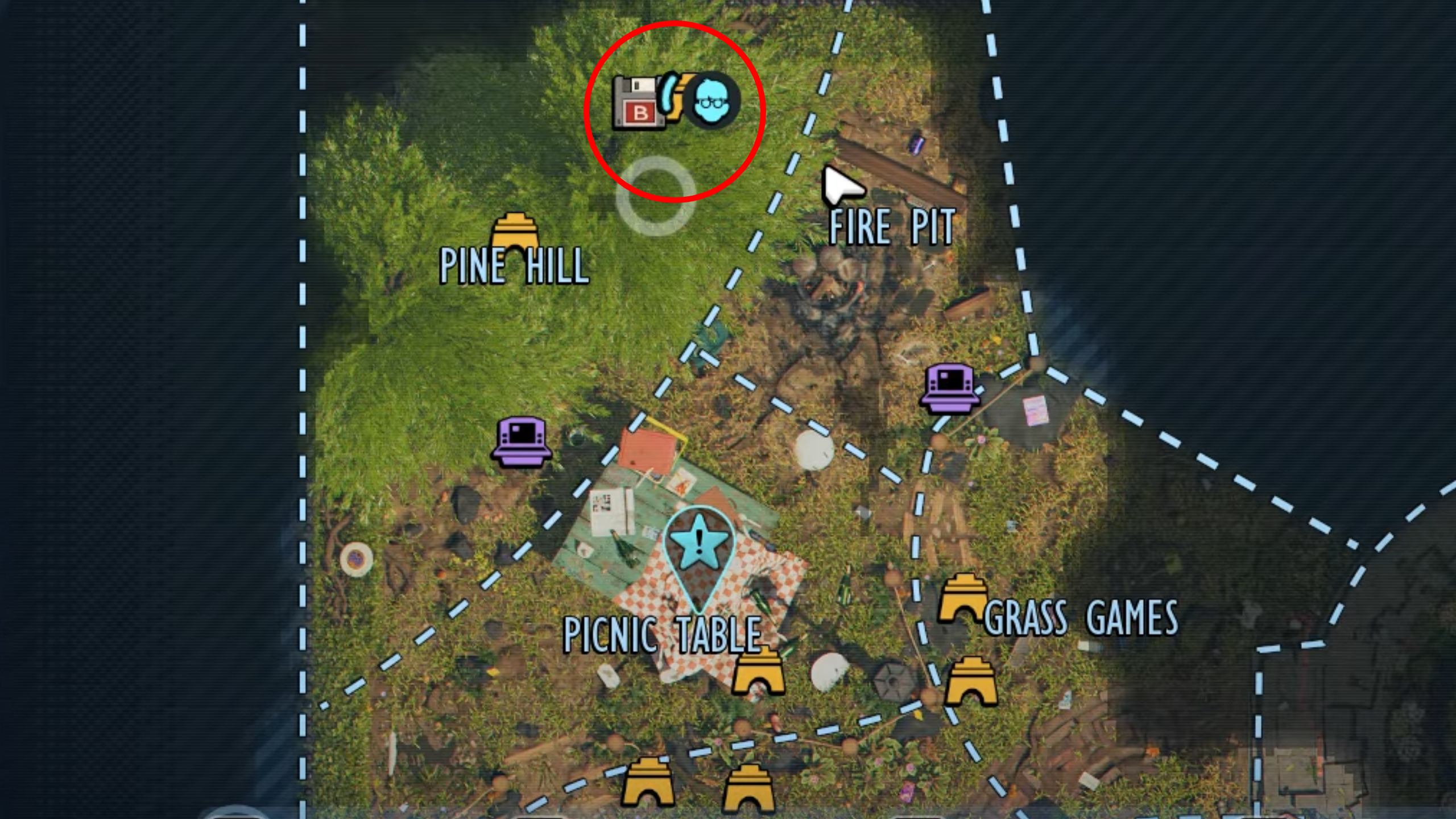 Grounded 2 missing optical disk locations: A map with a red circle highlighting the location fof the Spider's Den in the Pine Hill region.