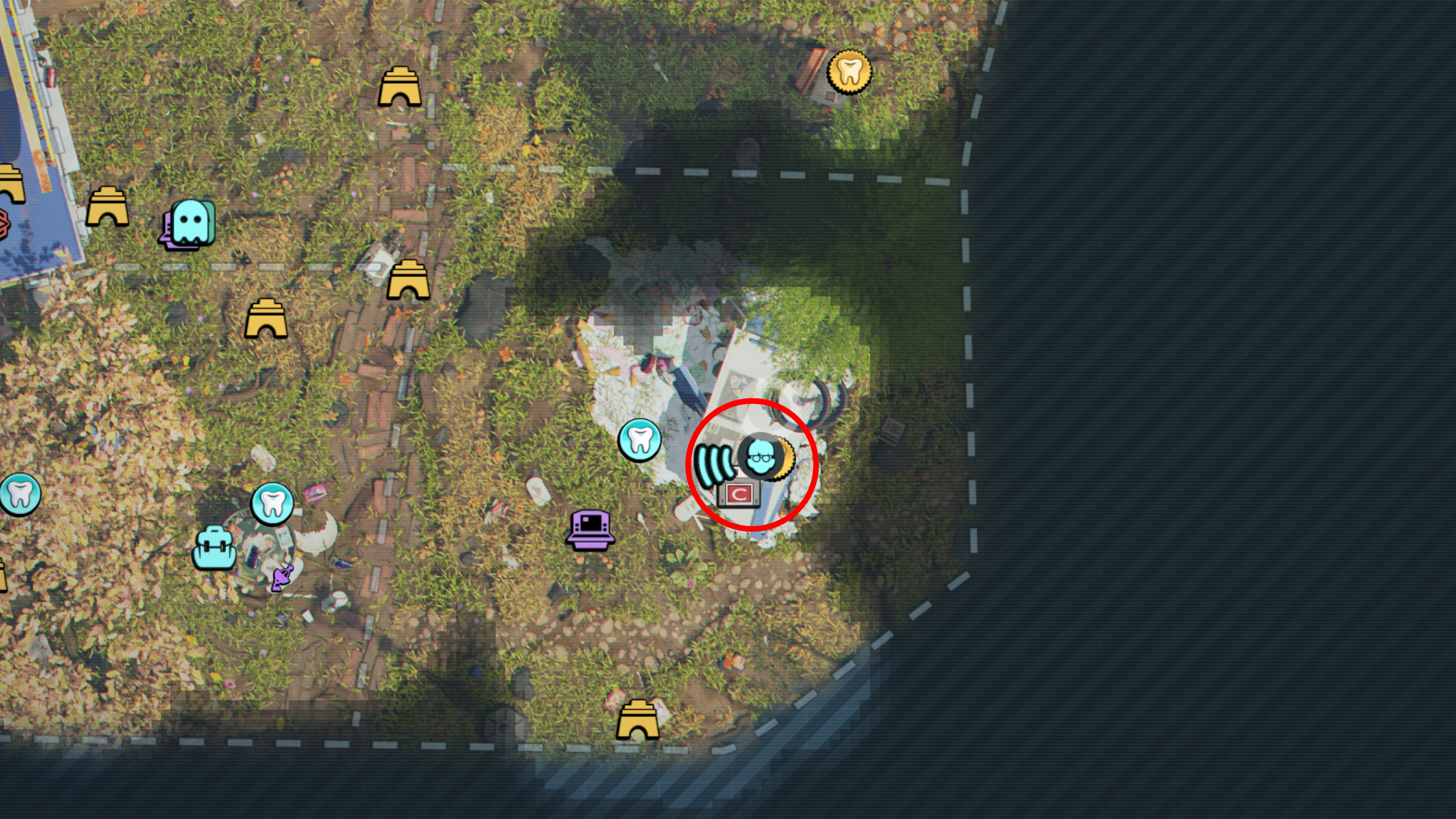 Grounded 2 missing optical disk locations: A map with a red circle highlighting the location of a optical disk C inside the Ice Cream Cart.