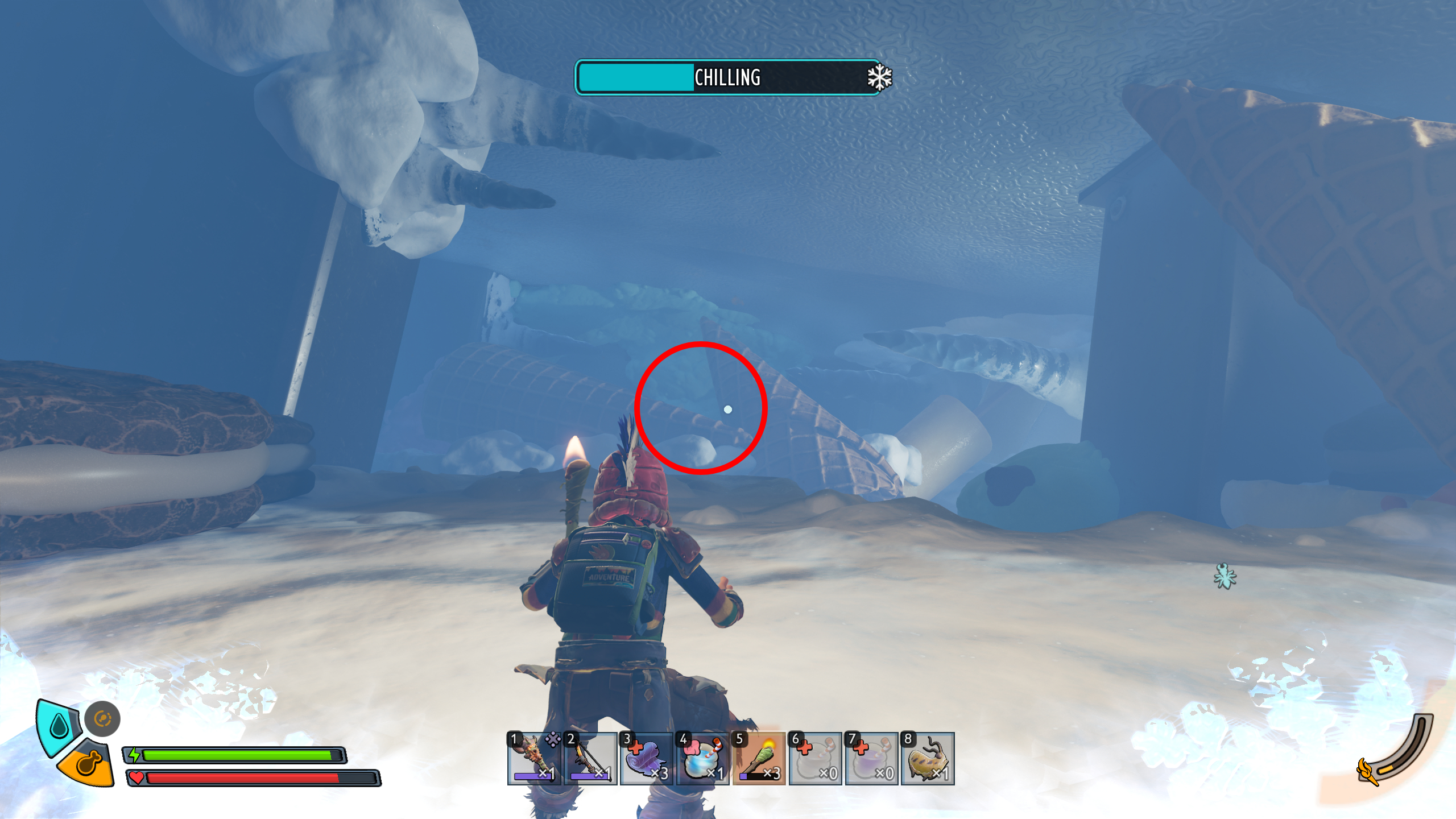 Grounded 2 missing optical disk locations: A red circle highlighting a ridge with ice cream cones on it inside the Ice Cream Cart area.